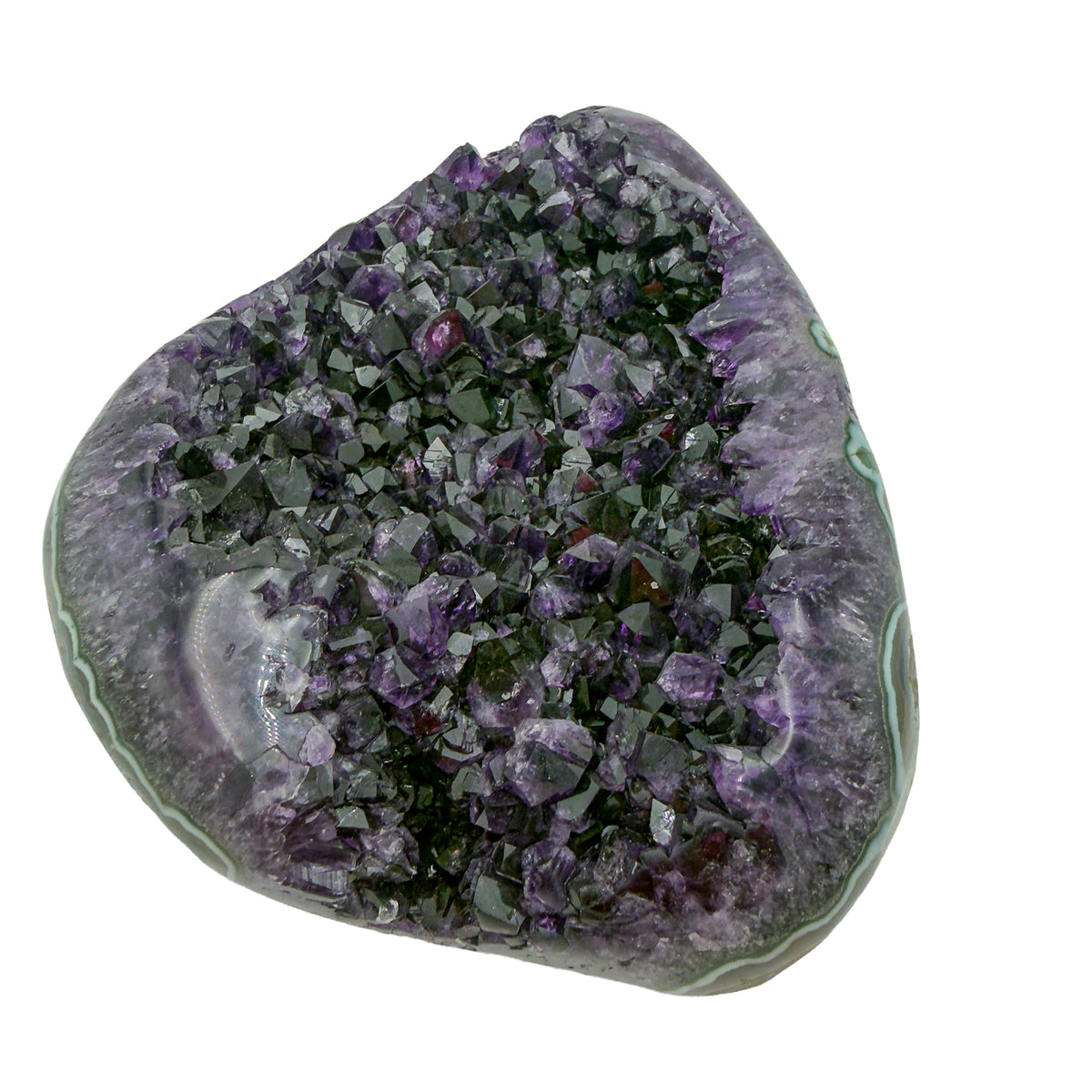 AAA grade amethyst geode from Uruguay, left profile, pale green celadonite banding over a yellow-olive base, specimen 24.