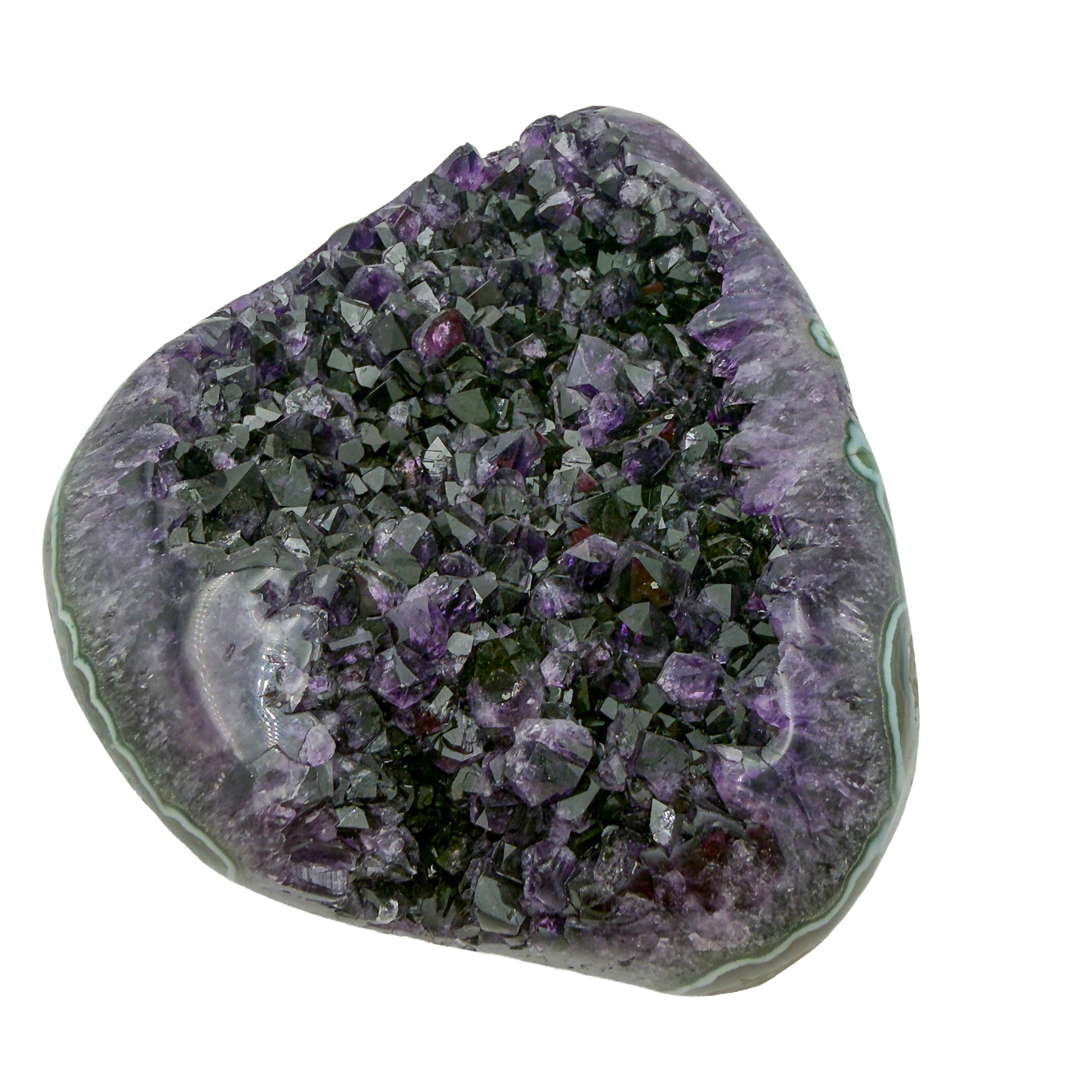 AAA grade amethyst geode from Uruguay, left profile, pale green celadonite banding over a yellow-olive base, specimen 24.