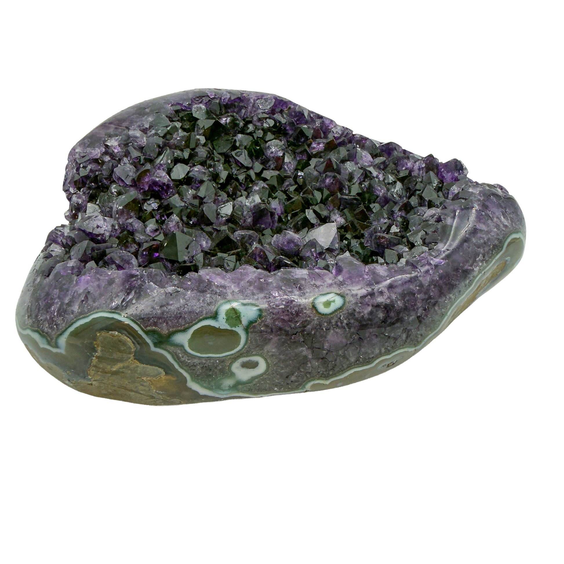 AAA grade amethyst geode from Uruguay, right profile, pale green celadonite banding over a yellow-olive base, specimen 24.