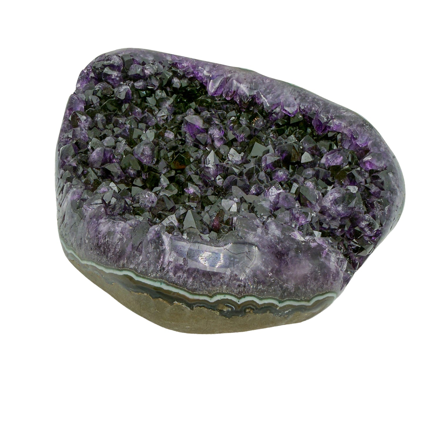 AAA grade amethyst geode from Uruguay, reverse side, pale green celadonite banding over a yellow-olive base, specimen 24.