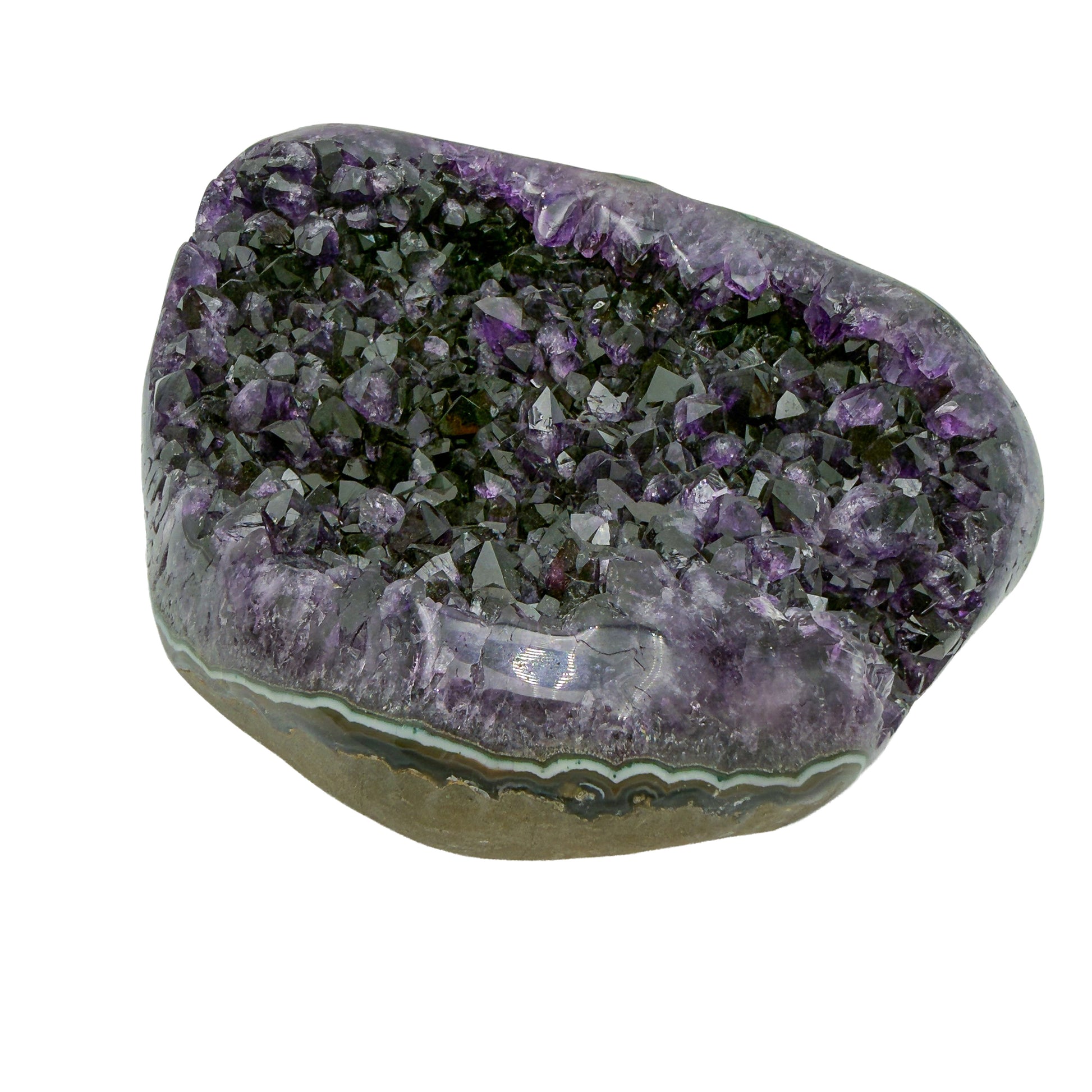 AAA grade amethyst geode from Uruguay, reverse side, pale green celadonite banding over a yellow-olive base, specimen 24.