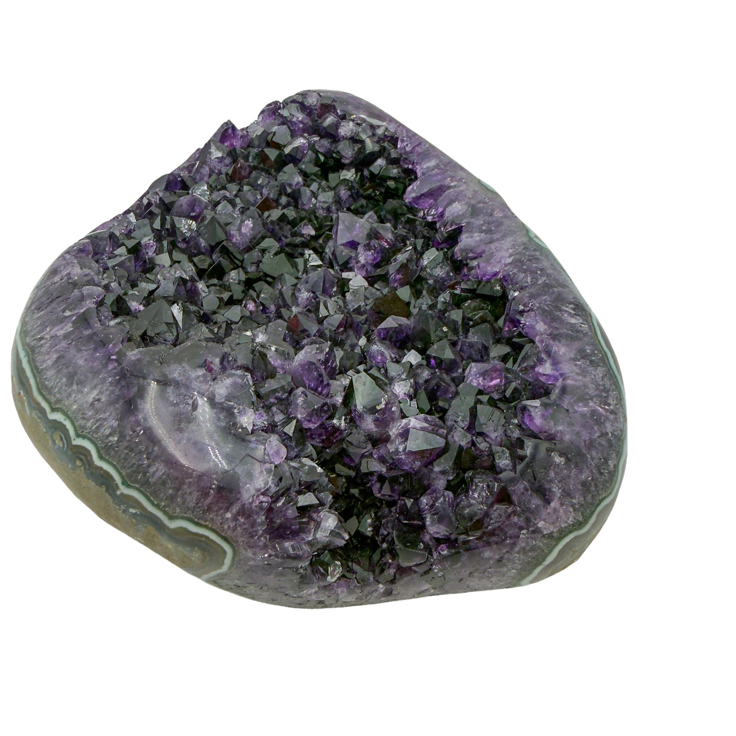 AAA grade amethyst geode from Uruguay, alternate angle, pale green celadonite banding over a yellow-olive base, specimen 24.