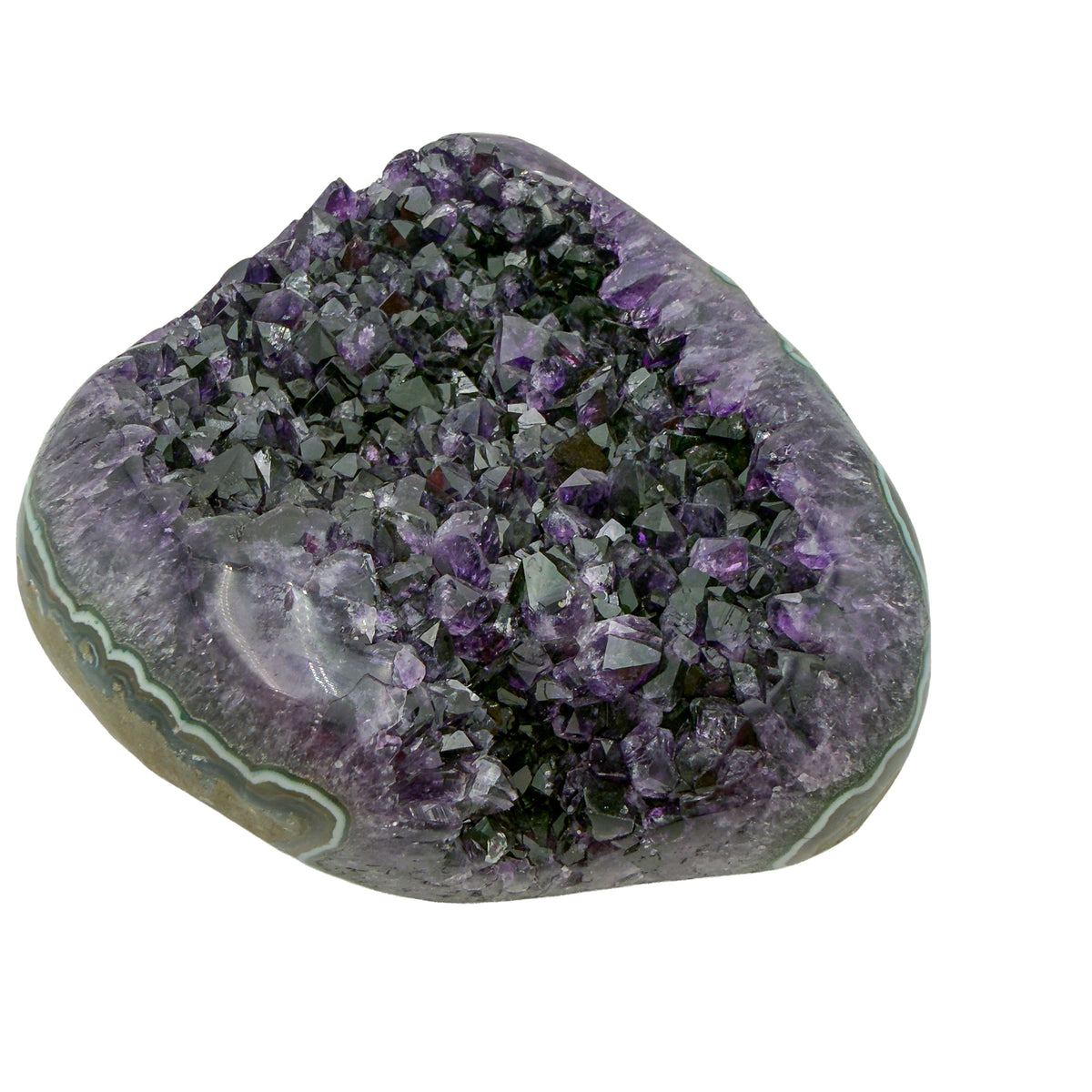 AAA grade amethyst geode from Uruguay, alternate angle, pale green celadonite banding over a yellow-olive base, specimen 24.
