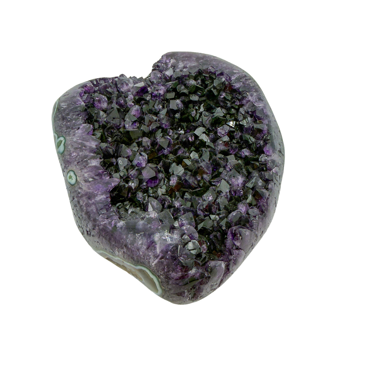 AAA grade amethyst geode from Uruguay, opposite face, pale green celadonite banding over a yellow-olive base, specimen 24.