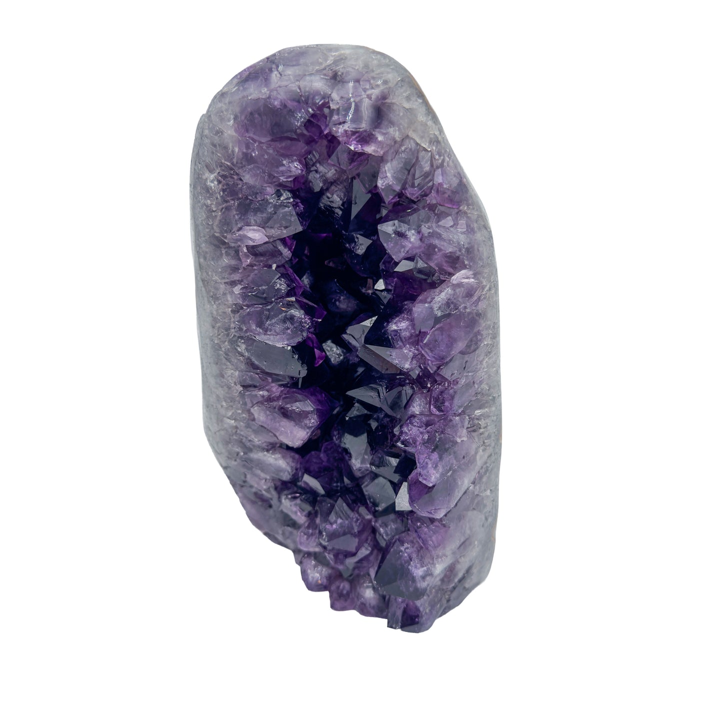 AA grade amethyst geode from Uruguay, angled three-quarter view, grey and white agate banding over a brown exterior, specimen 60.