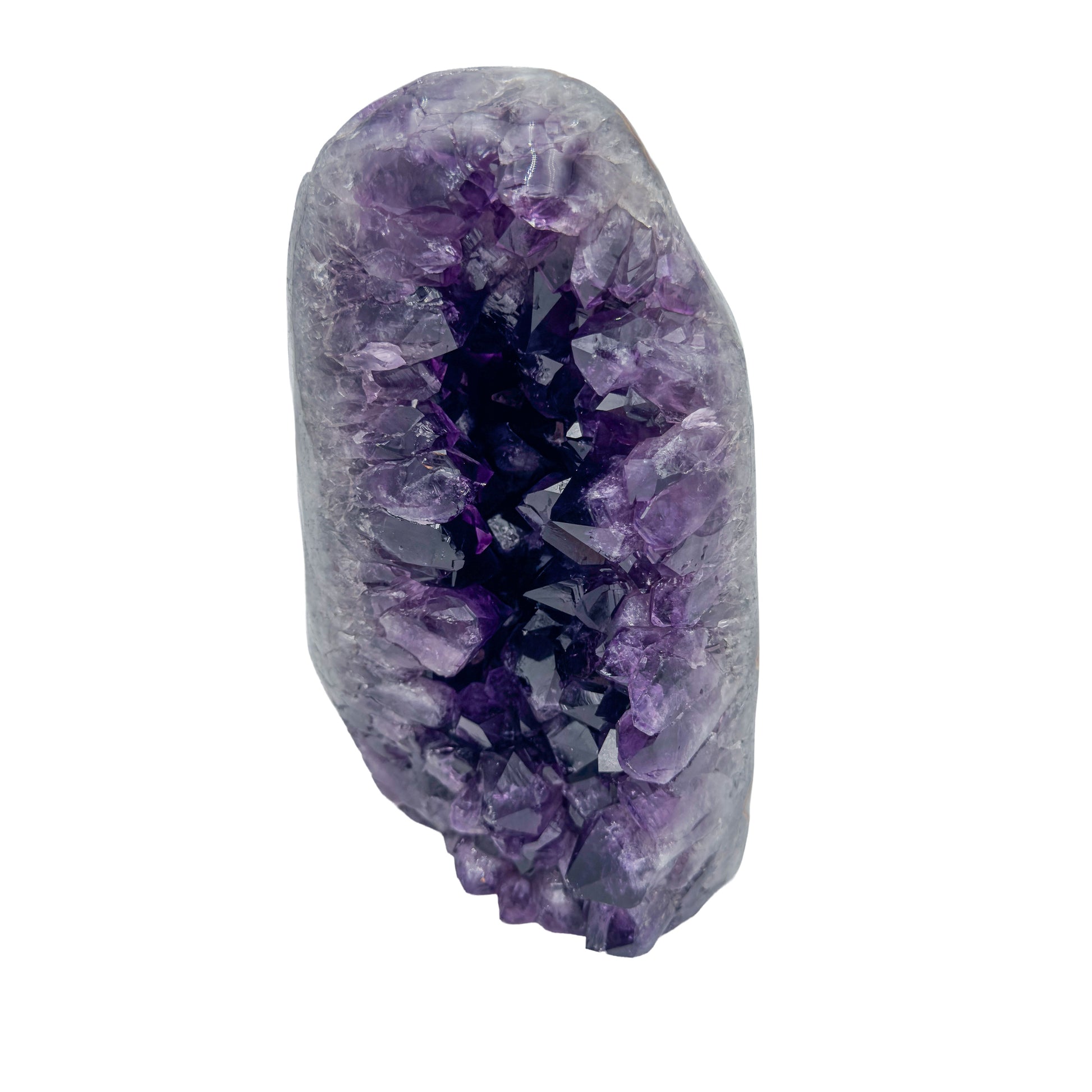 AA grade amethyst geode from Uruguay, angled three-quarter view, grey and white agate banding over a brown exterior, specimen 60.