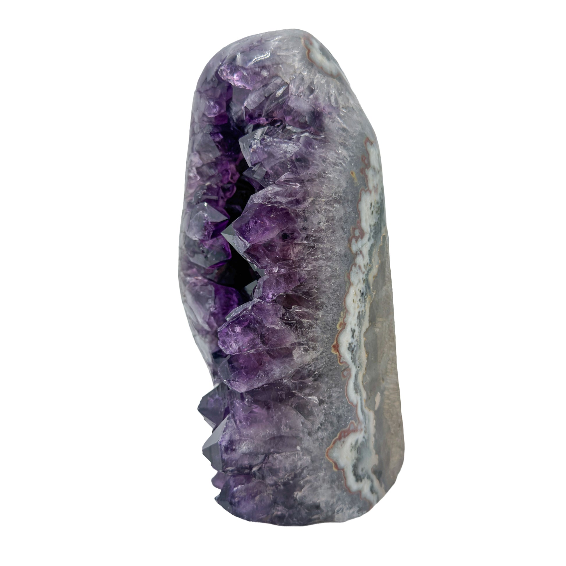 AA grade amethyst geode from Uruguay, left profile, grey and white agate banding over a brown exterior, specimen 60.