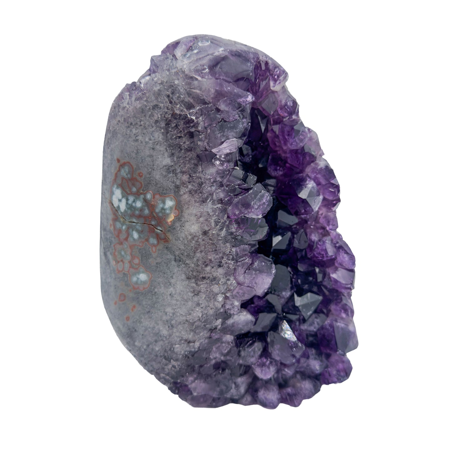 AA grade amethyst geode from Uruguay, right profile, grey and white agate banding over a brown exterior, specimen 60.