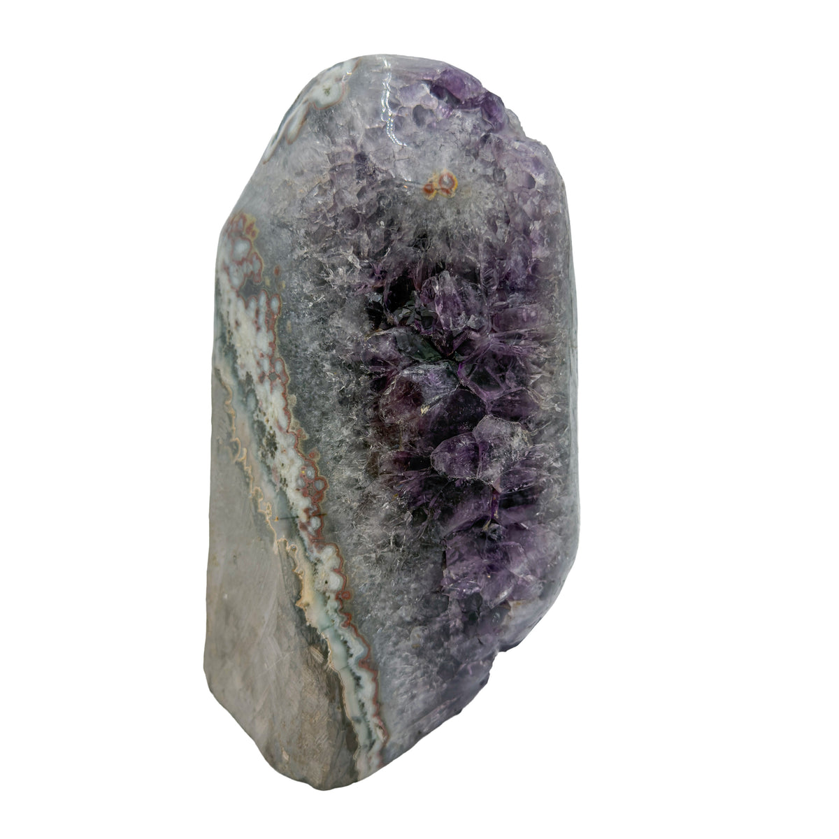 AA grade amethyst geode from Uruguay, reverse side, grey and white agate banding over a brown exterior, specimen 60.