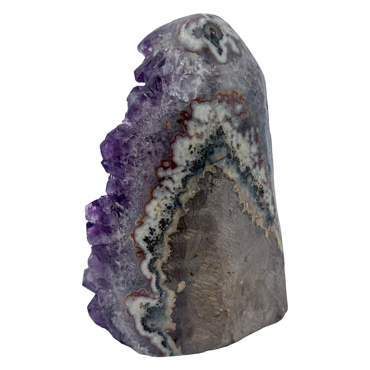 AA grade amethyst geode from Uruguay, alternate angle, grey and white agate banding over a brown exterior, specimen 60.