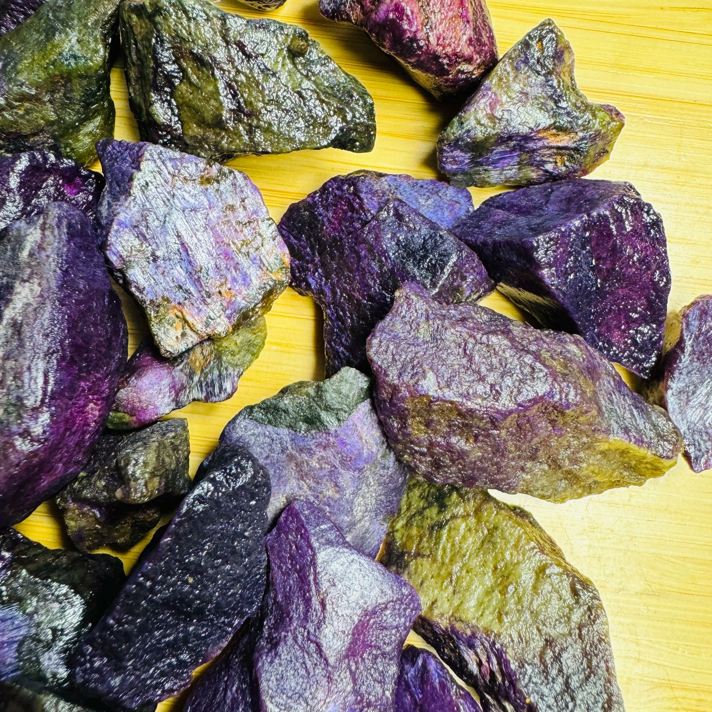 Back view of Stichtite raw stone, sourced from Mpumalanga, South Africa, showing characteristic color.