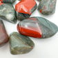 Looking down on Bloodstone tumbled stone, showing characteristic patterning, Eswatini-sourced.