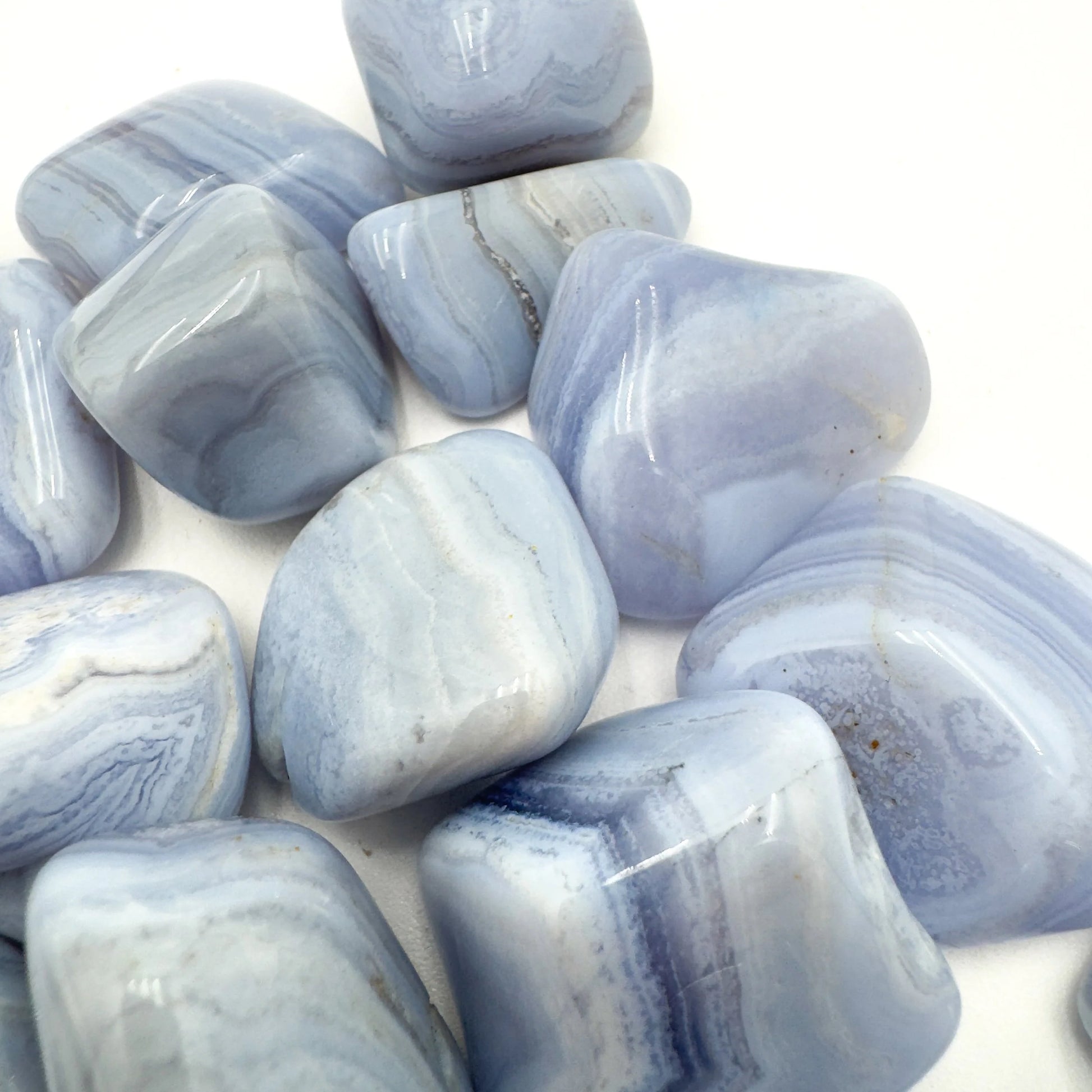 Plan view of Grade A Blue Lace Agate tumbled stone, hand-selected from ǁKaras Region, Namibia, showing characteristic color.