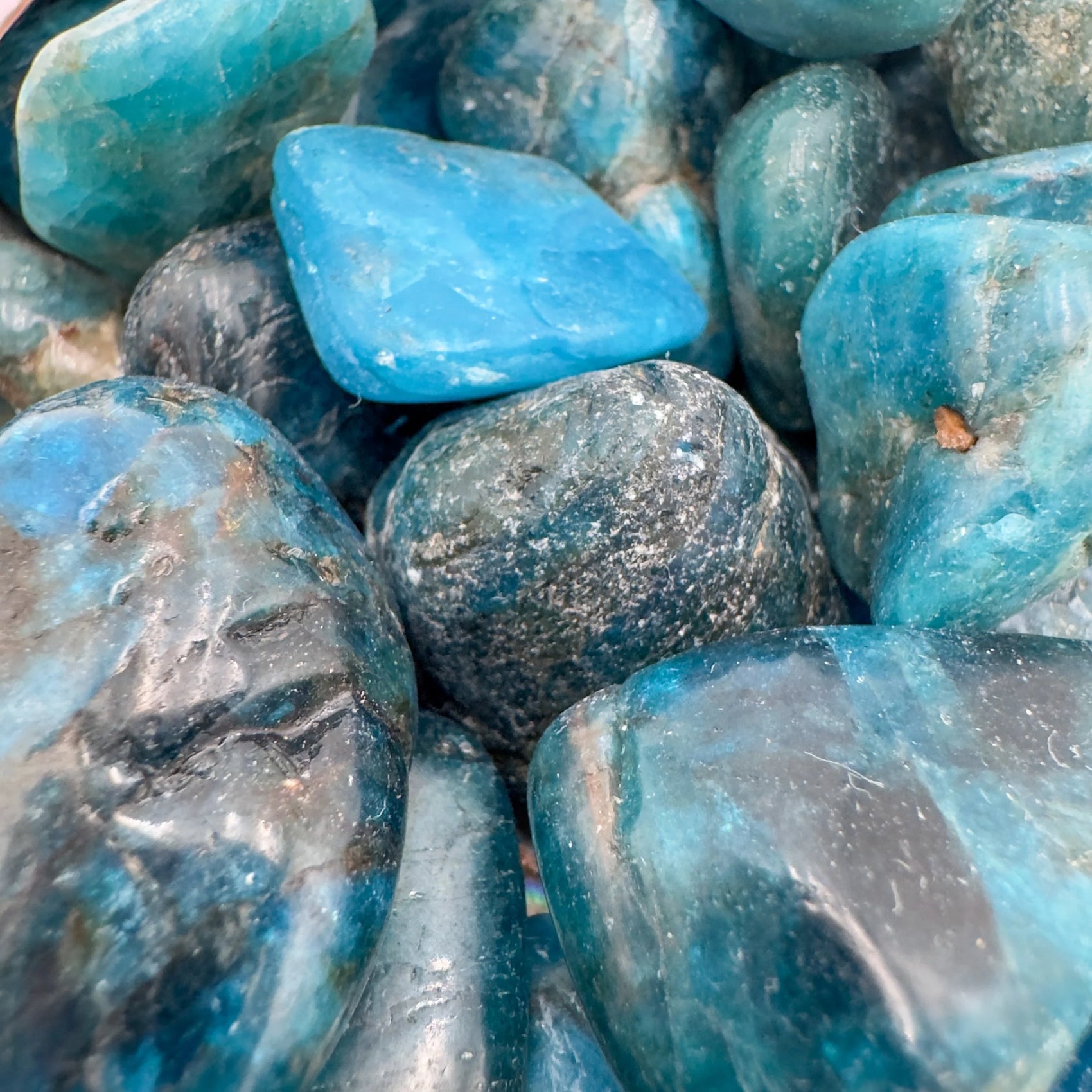 Alternate side of Apatite tumbled stone, sourced from Madagascar, worked with for Focus and Manifestation.
