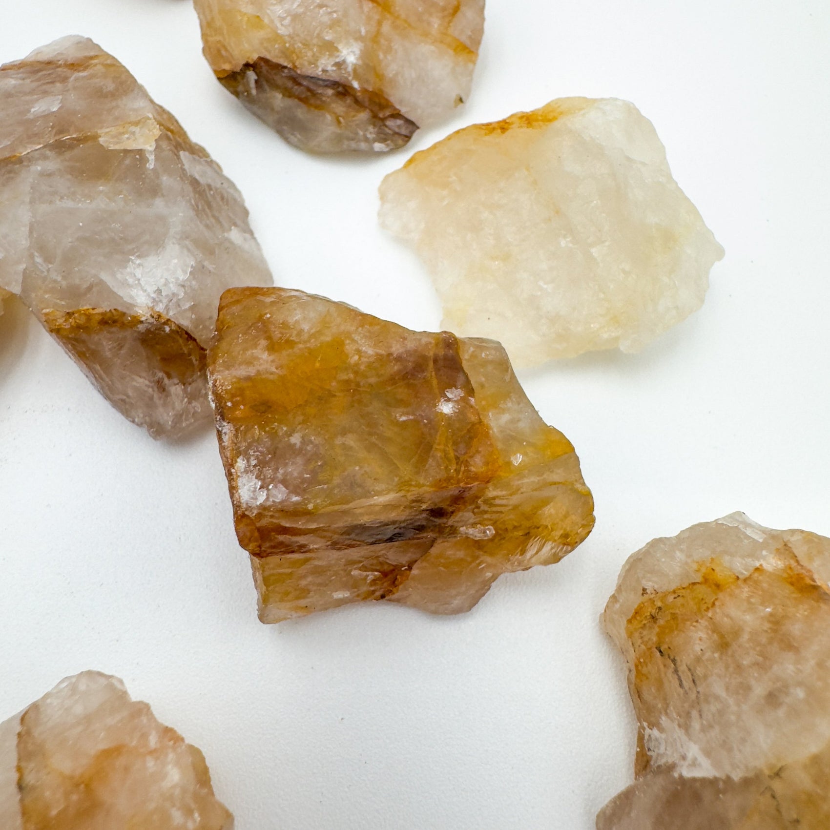 Profile shot of yellow Golden Healer raw stone, often paired with practices around Healing and Meditation, from Madagascar.