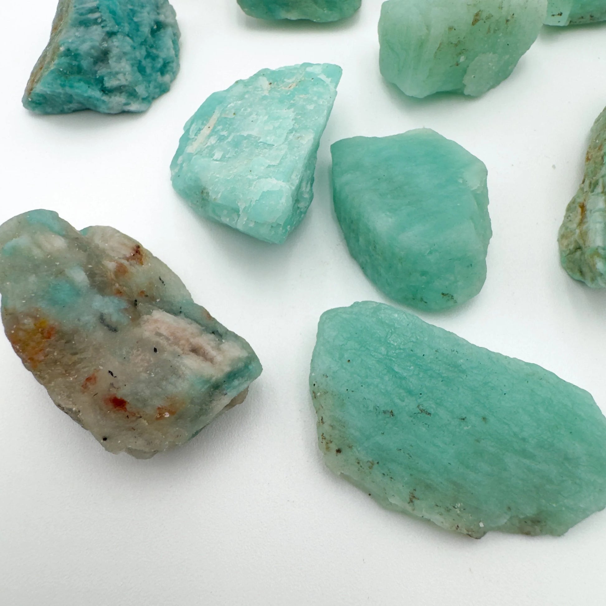 Close-up detail of Grade A Amazonite raw showing natural blue, green tones and texture