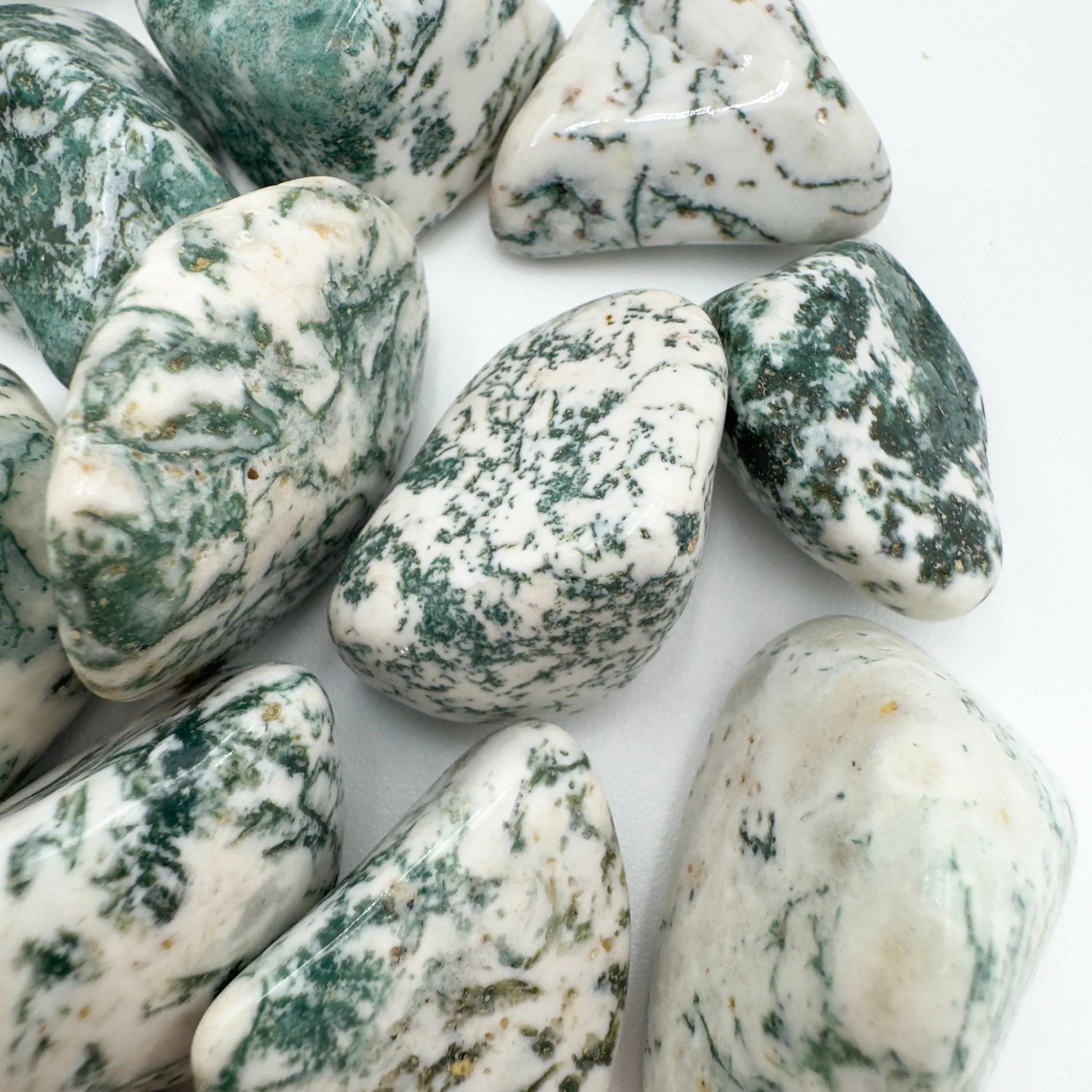 Top angle of Grade A Tree Agate tumbled stone, showing subtle veining, from Botswana.