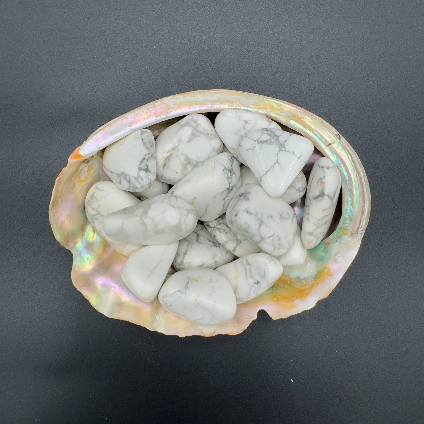 Magnified detail of Howlite tumbled stone, showing natural texture.