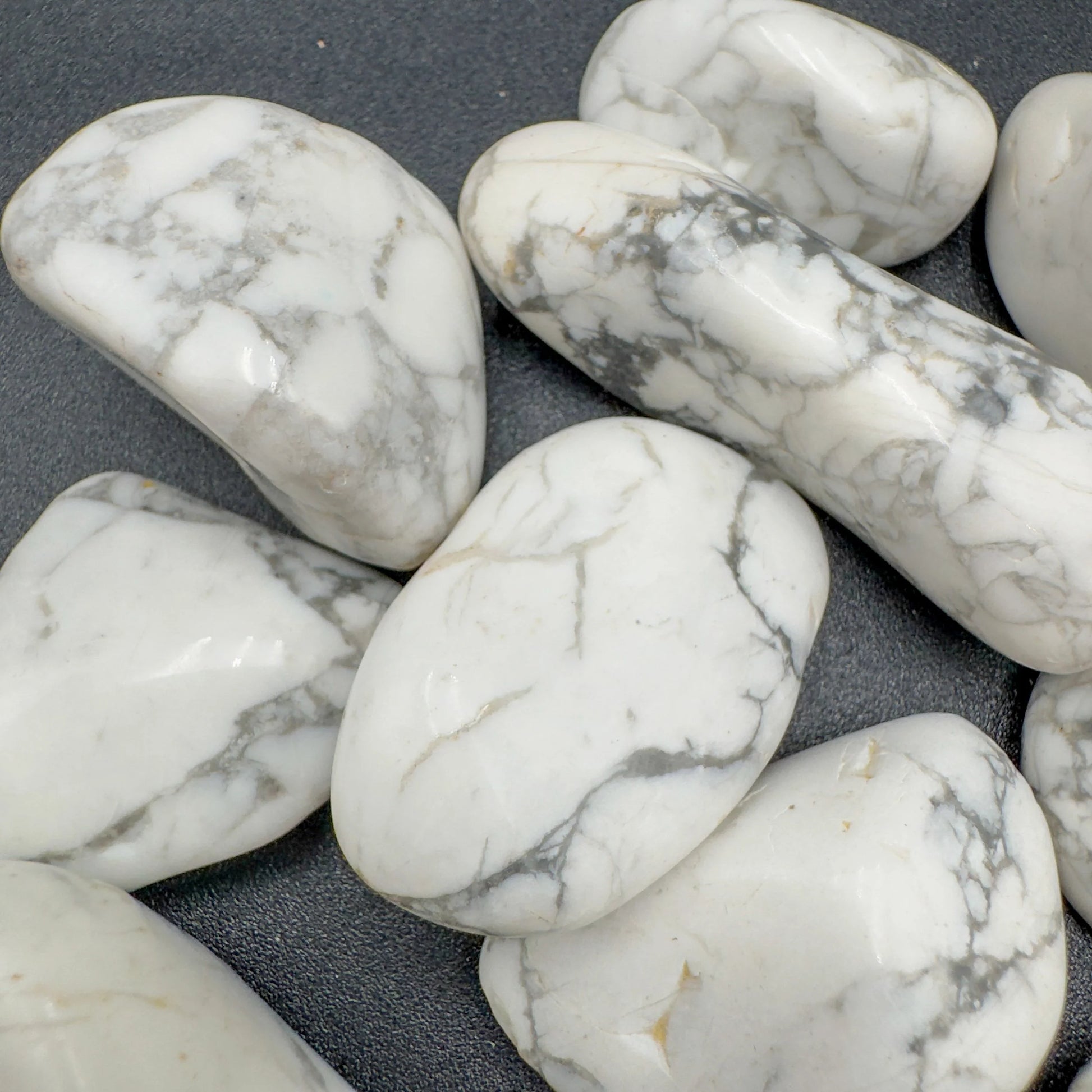 Underside detail of Howlite tumbled stone, worked with for Stress Relief.