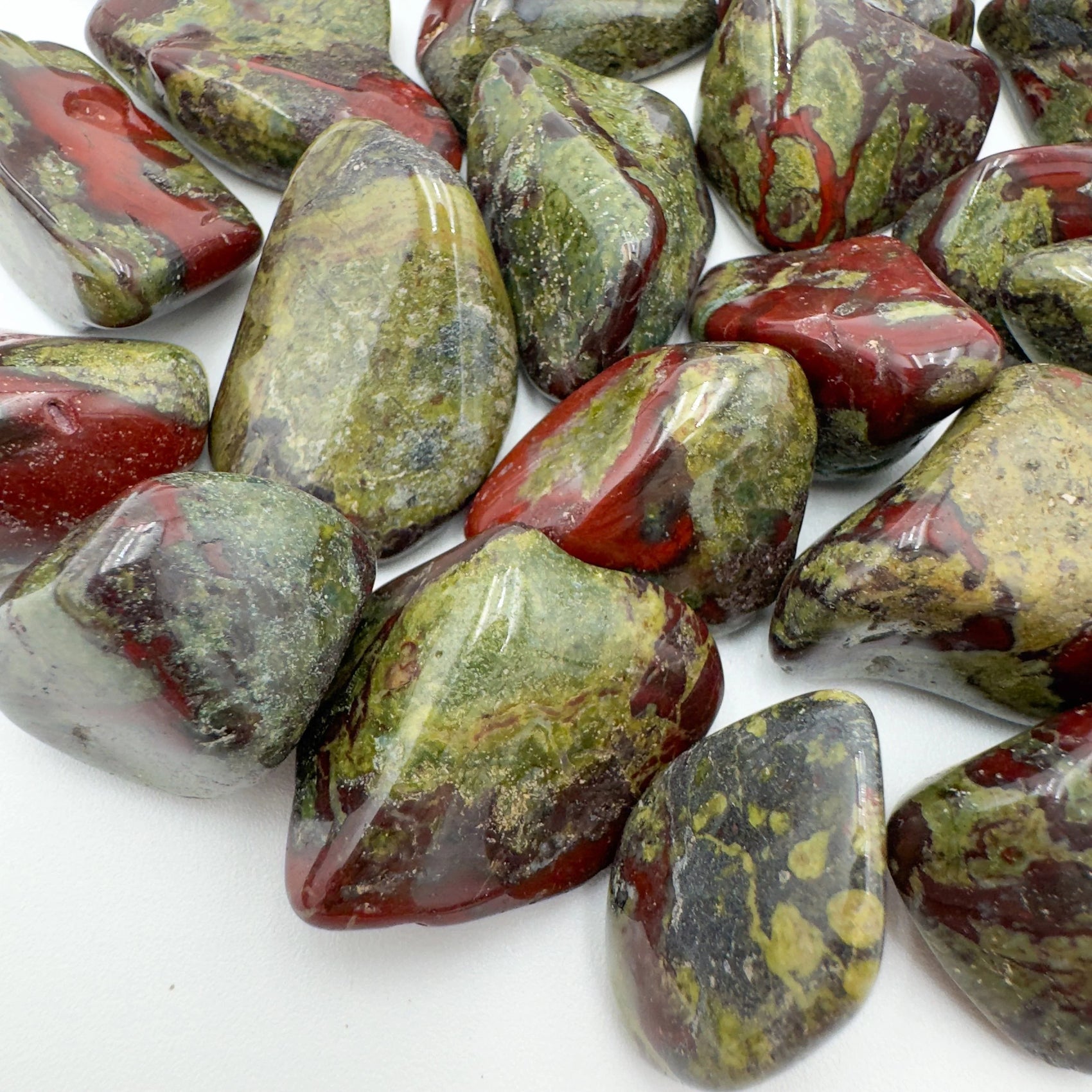Dragon Bloodstone tumbled stone from South Africa with Green, Red color, polished finish for mindful calm