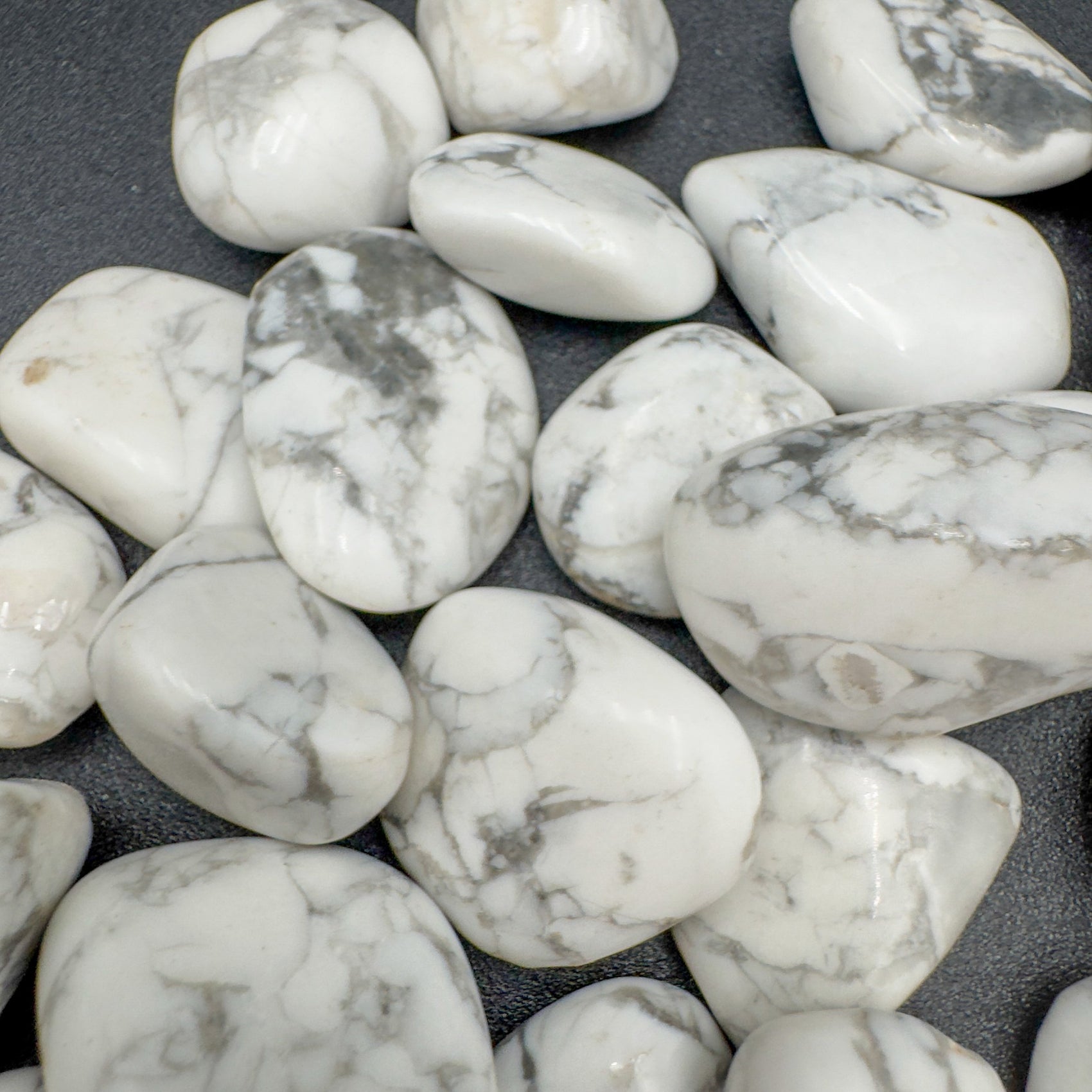 Underside detail of Howlite tumbled stone, often kept for Stress Relief.