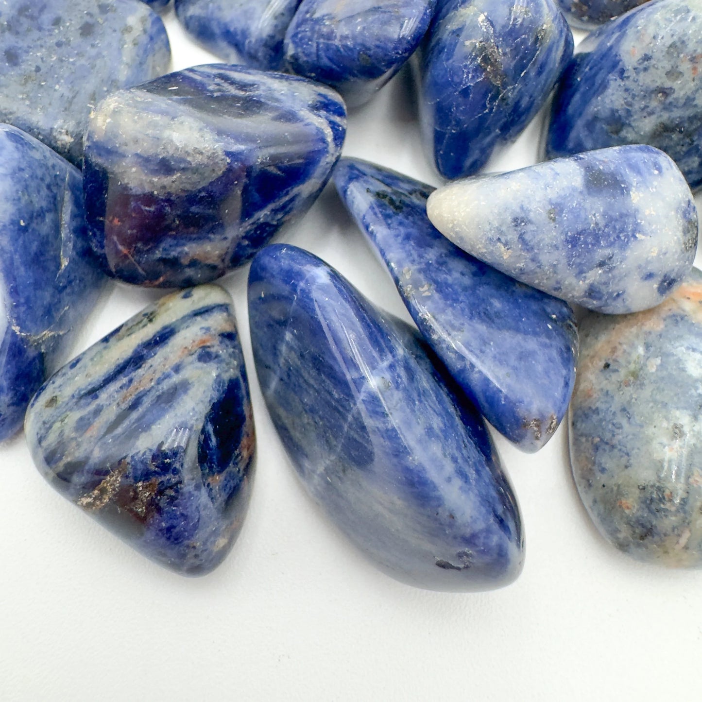 Bird's-eye view of Sodalite tumbled stone, from Kunene, Namibia.