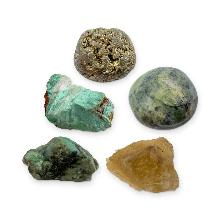 Abundance Crystal Kit: pyrite, green jade, natural citrine, emerald and chrysoprase, shown together on white