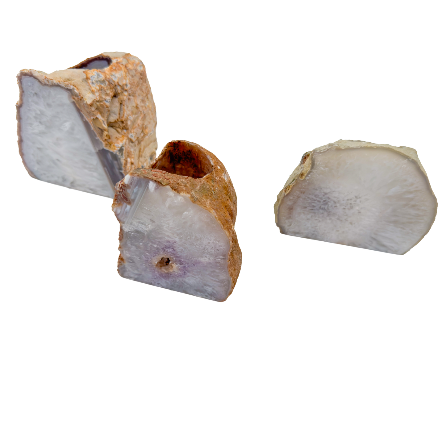 Natural undyed agate candle holders from Minas Gerais Brazil, cream and rust banding