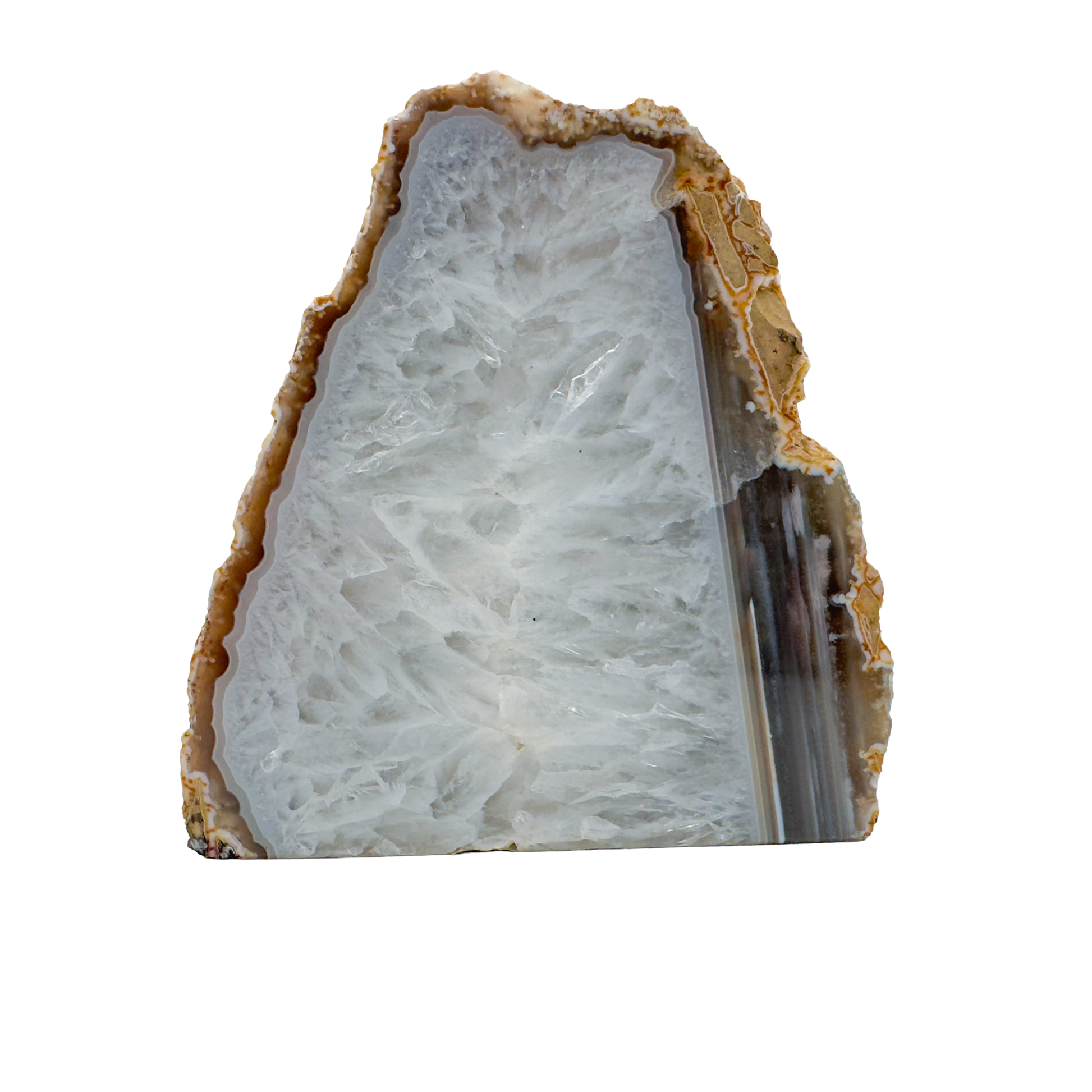 Single standing agate candle holder, polished white quartz centre ringed by tan bands