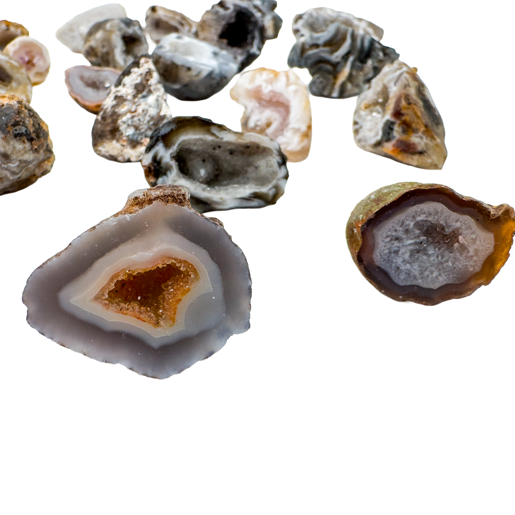 Agate mini geode cluster showing concentric chalcedony banding, ethically sourced from Brazil by Beyond Bohemian