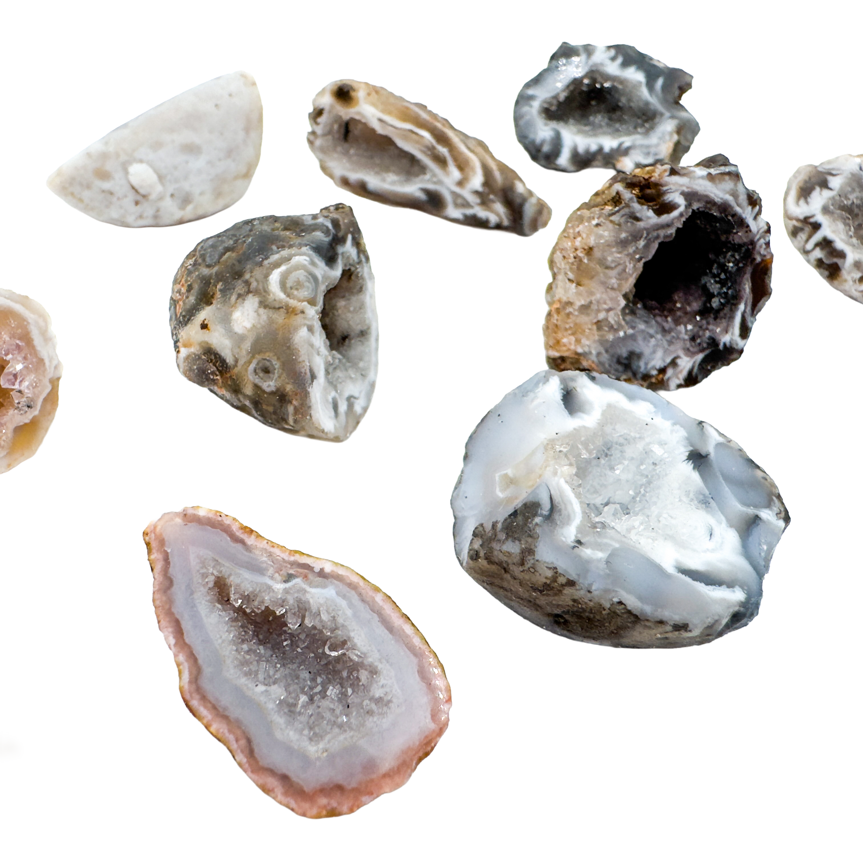 Grade AA Agate mini geodes (0.75-1.50 Inch) in varied earth tones, ideal for daily-carry grounding and focus