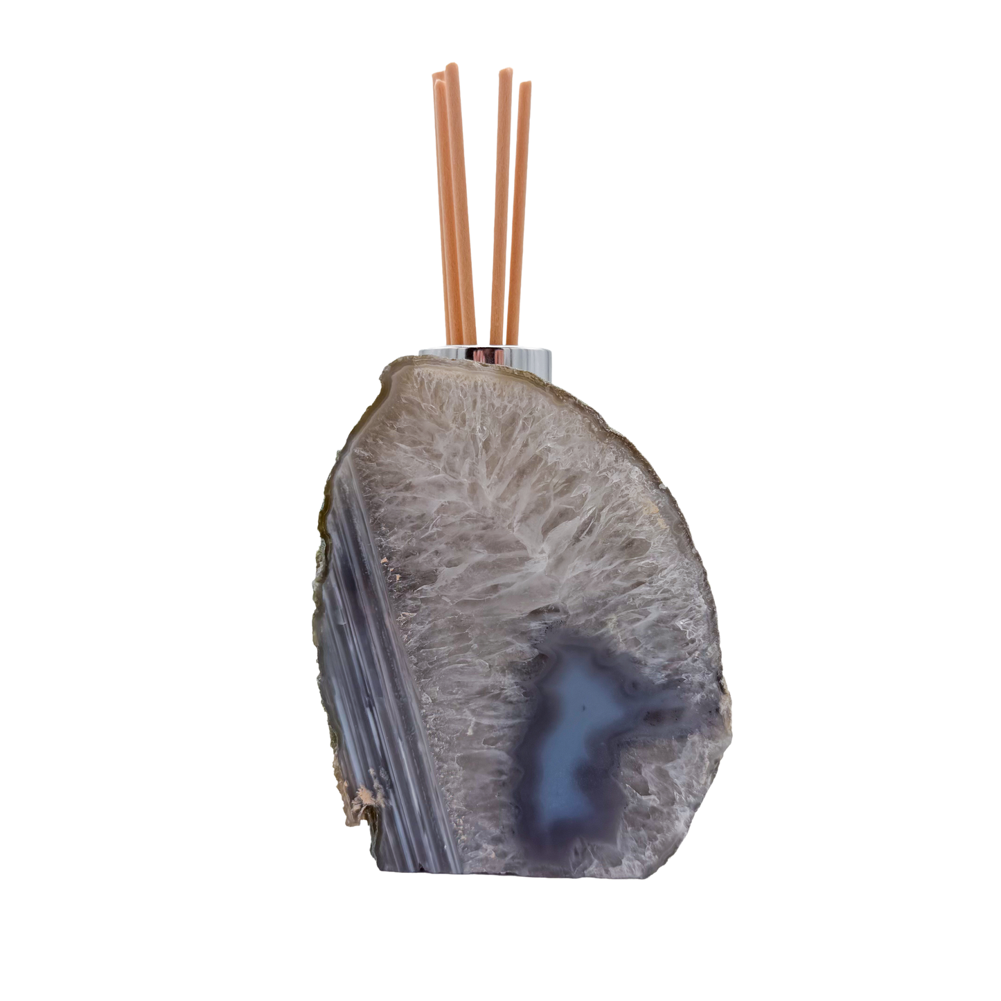 Agate reed oil diffuser from Brazil, polished banded geode face with chrome collar and reeds