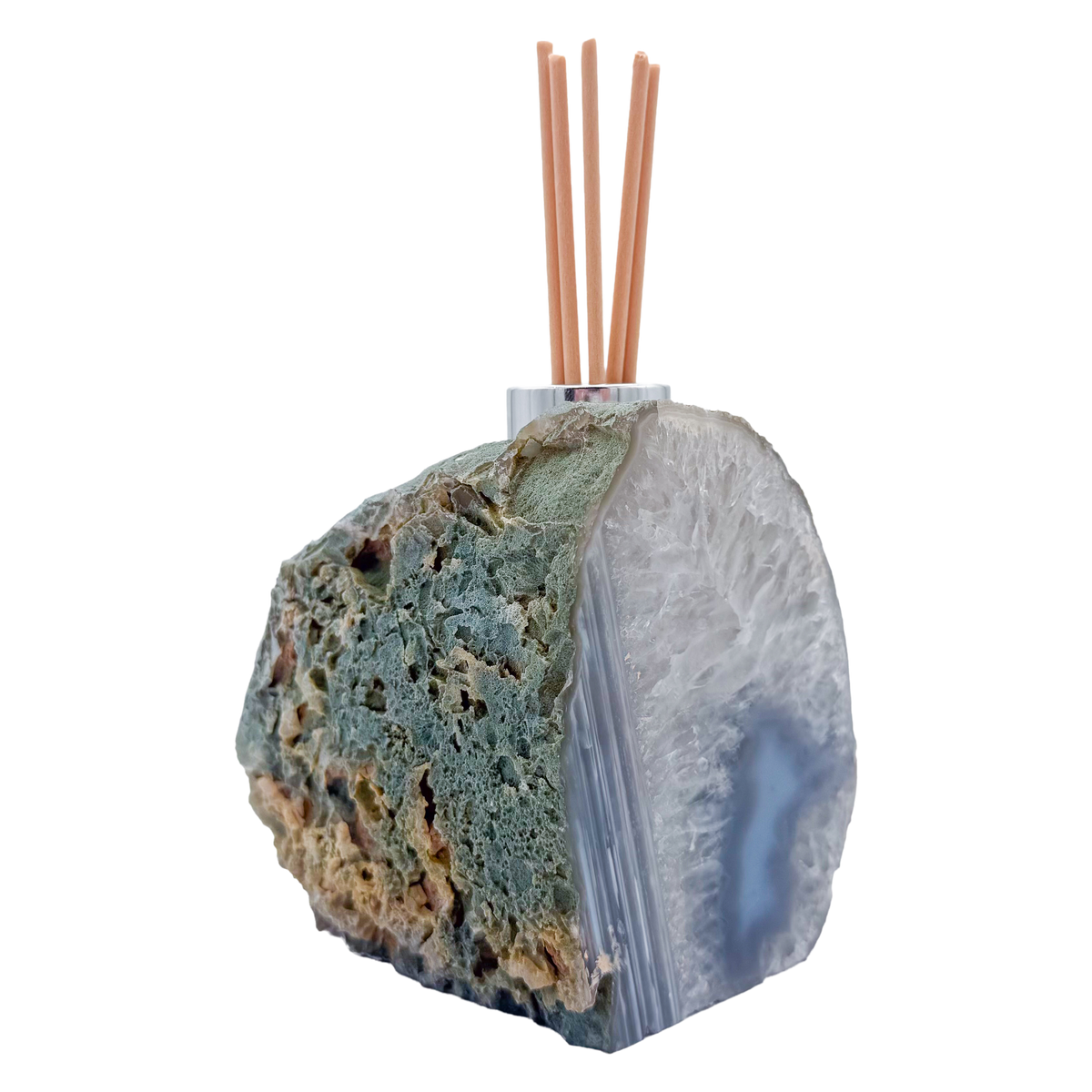 Agate stone reed diffuser showing natural rind alongside the polished banded face