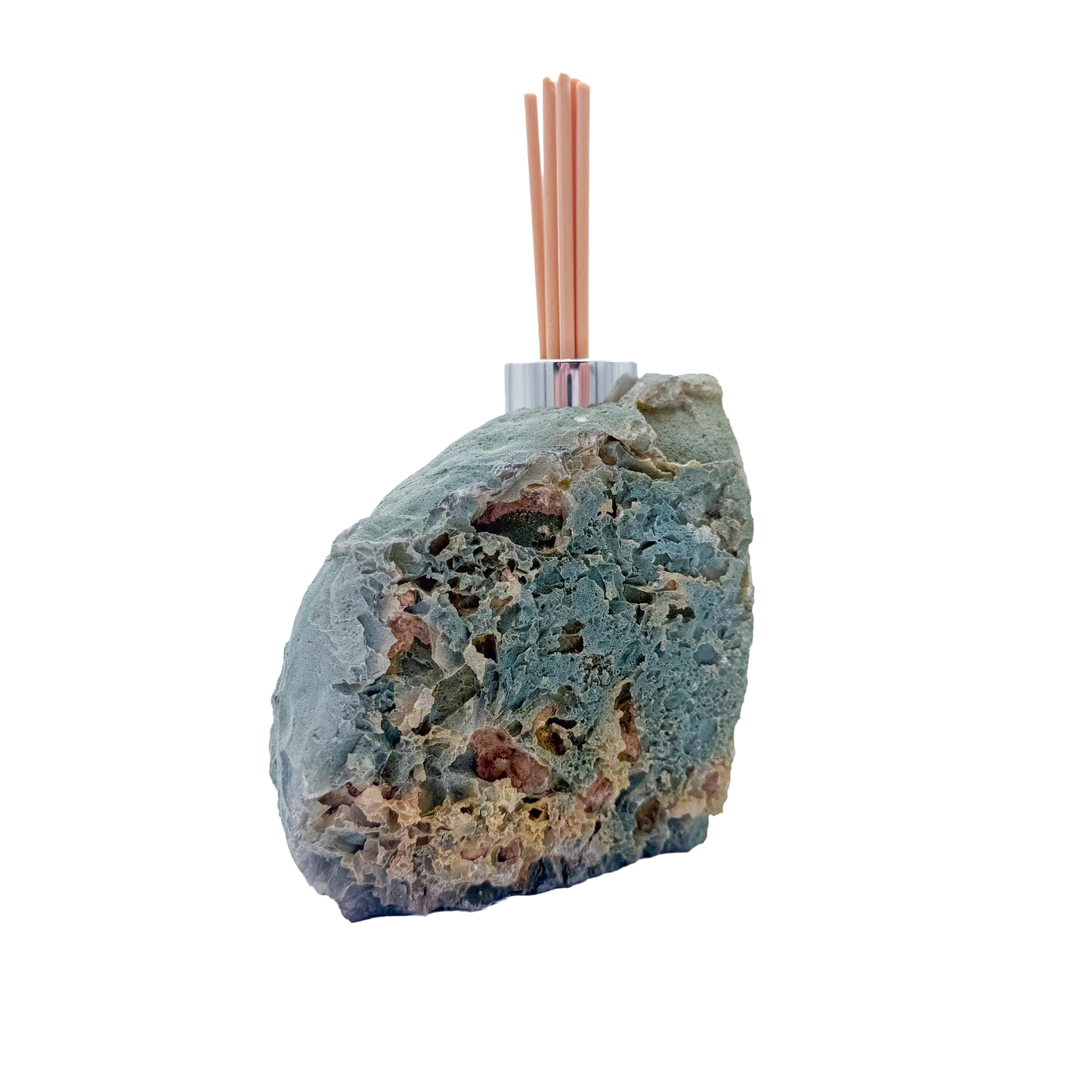 Agate reed diffuser rear view, rough undyed nodule exterior from Minas Gerais Brazil