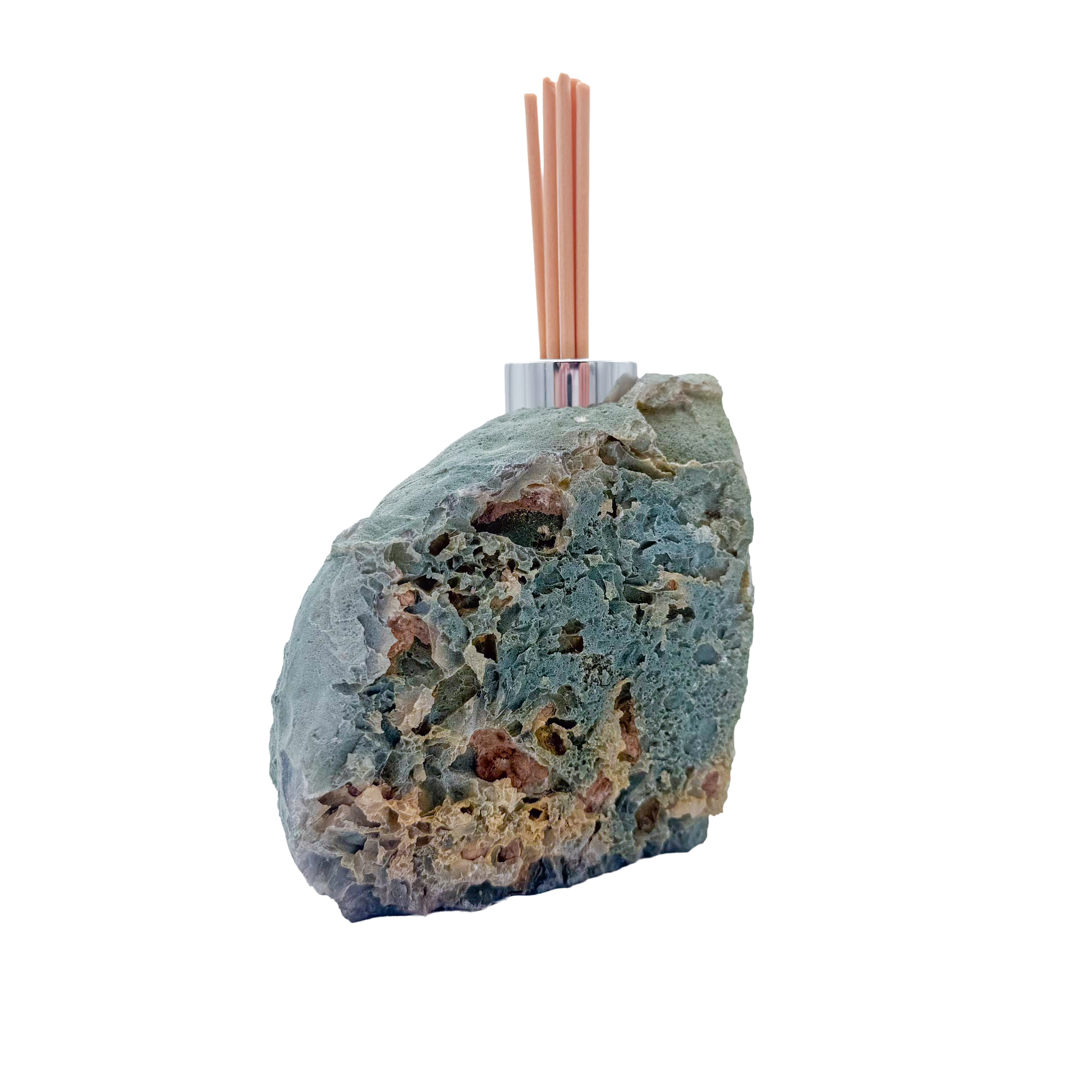 Agate reed diffuser rear view, rough undyed nodule exterior from Minas Gerais Brazil