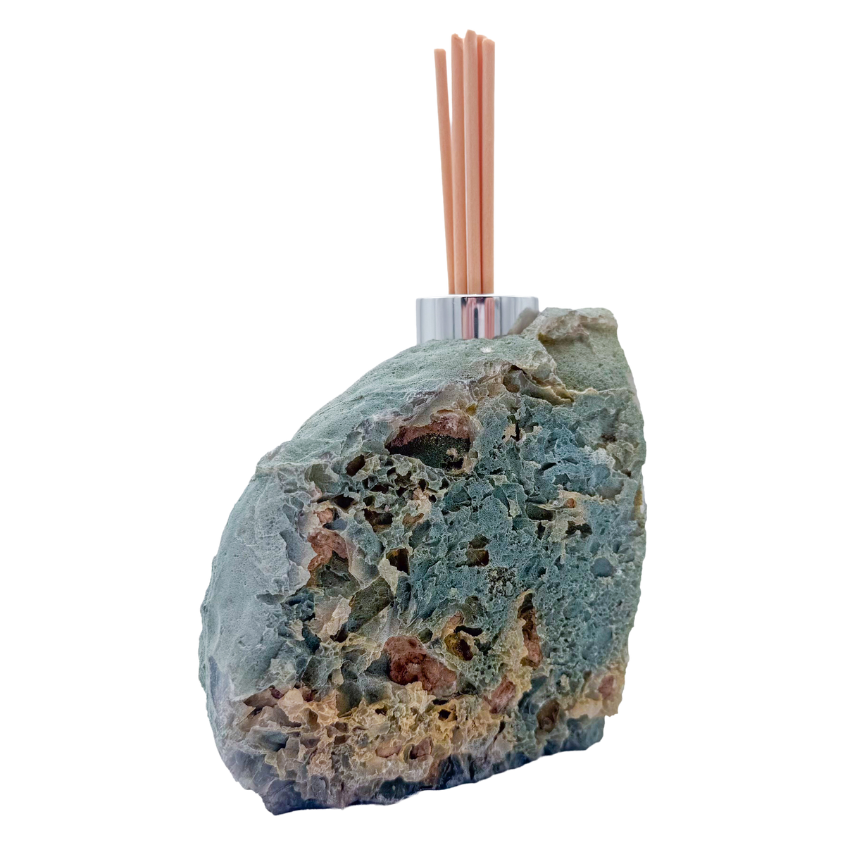 Agate reed diffuser rear view, rough undyed nodule exterior from Minas Gerais Brazil