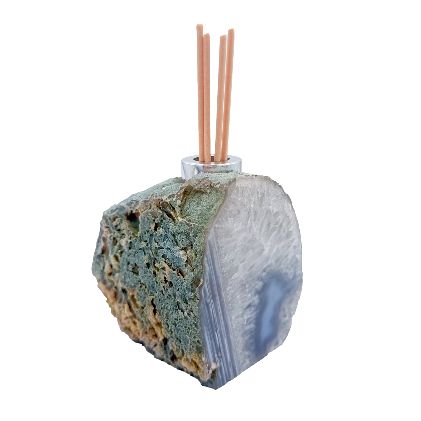Agate reed diffuser angled view with grey and violet banding through the polished face