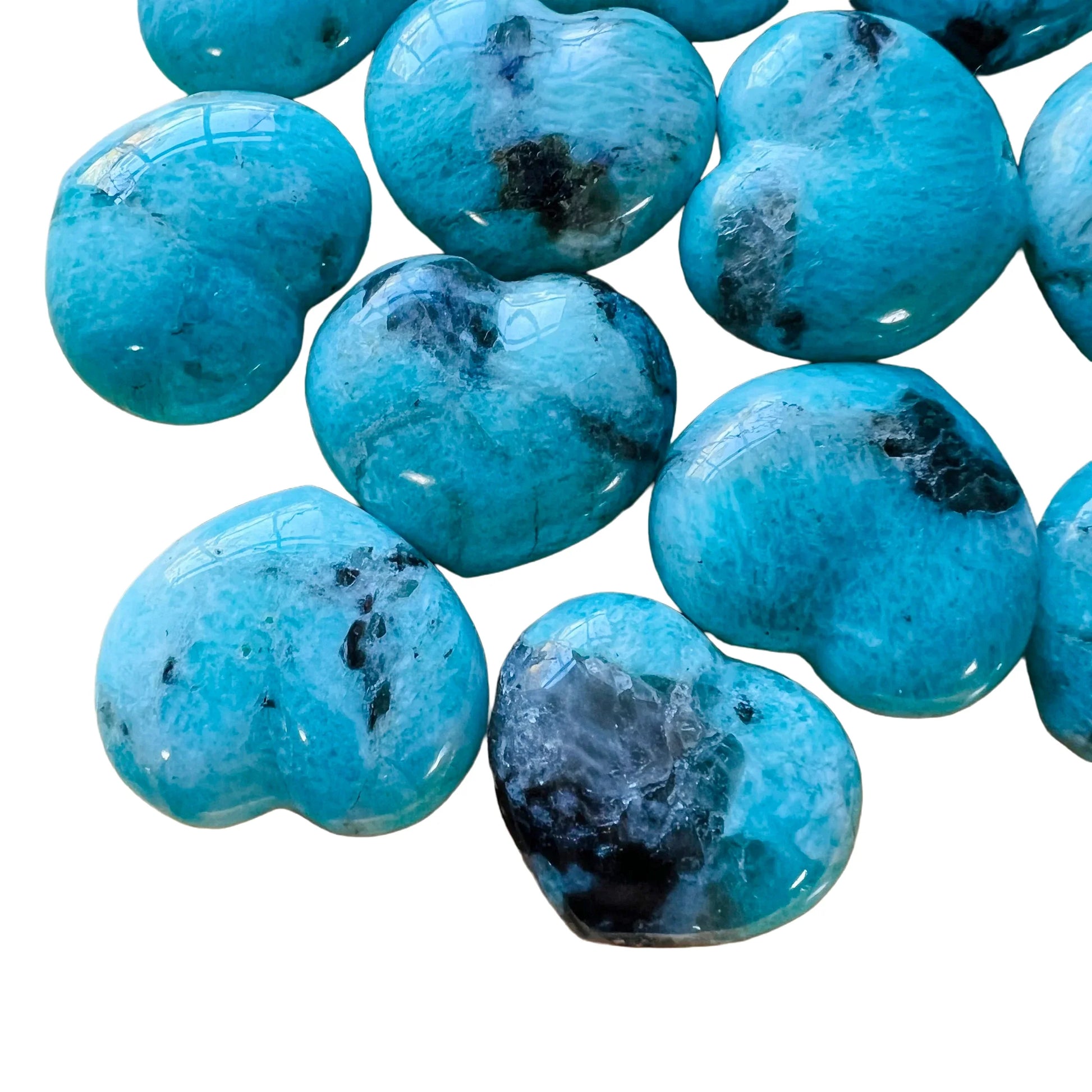 Texture-level view of Amazonite polished heart, showing natural variation.