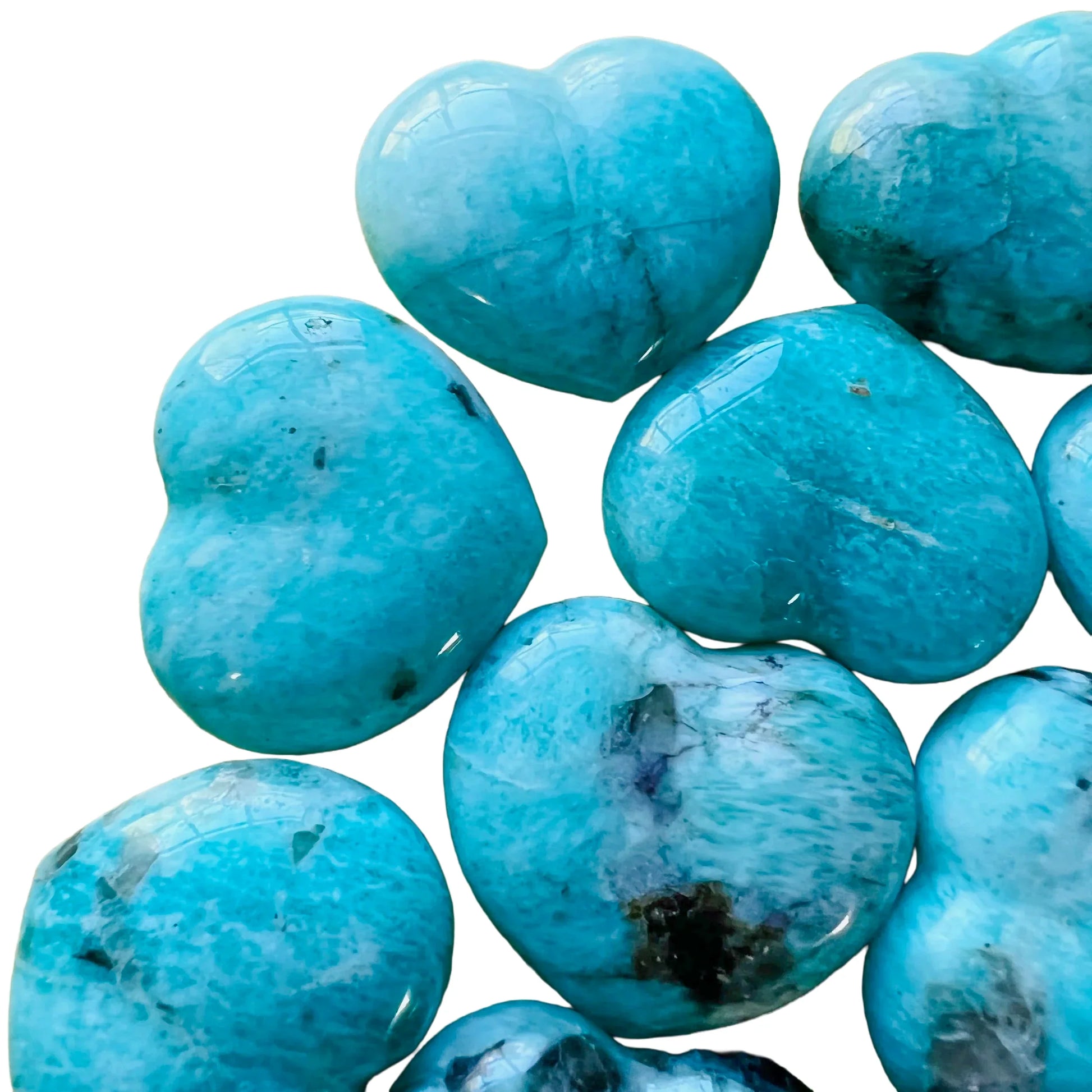 Top-side view of Grade AA Amazonite polished heart, showing characteristic patterning.