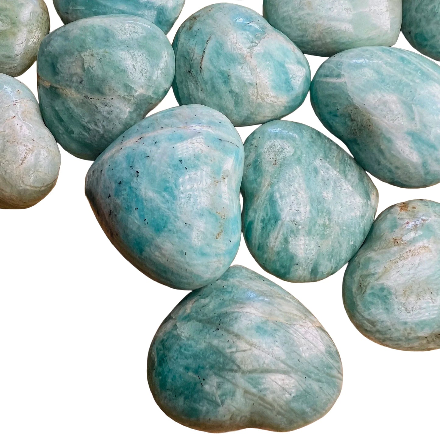 Close-up of Grade A Amazonite polished heart, from Madagascar.