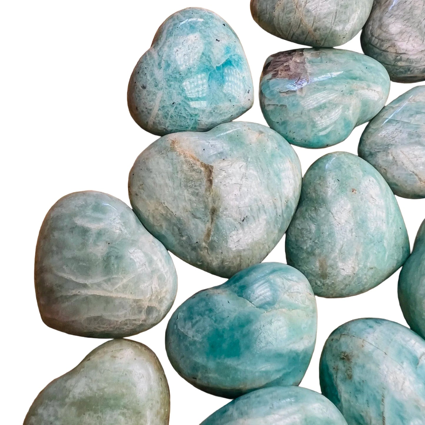 Side-on view of Amazonite polished heart, Madagascar-sourced, showing natural sheen.
