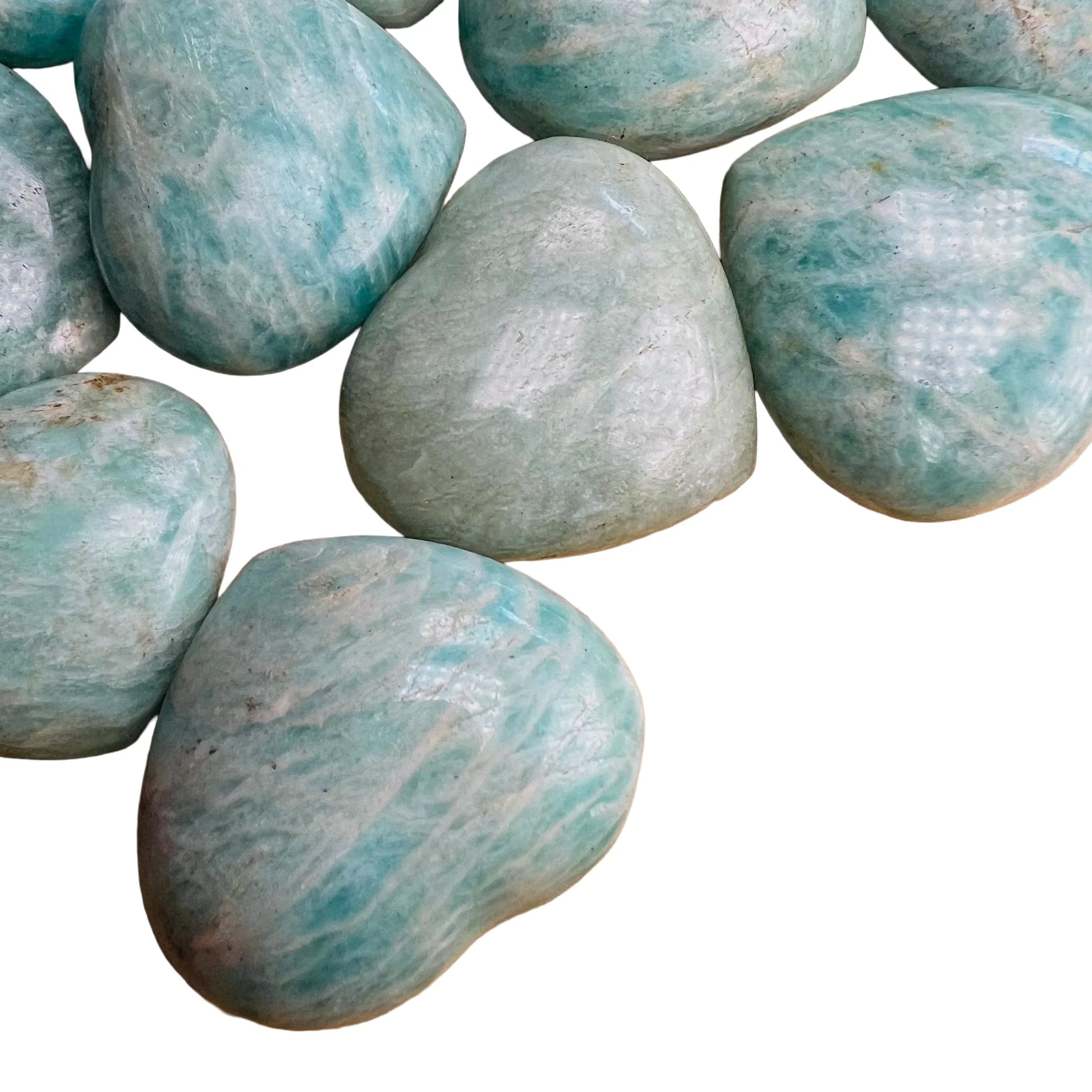 Overhead view of blue Amazonite polished heart, associated with Stress Relief.