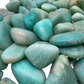 Back view of Amazonite tumbled stone, AA Grade, from Minas Gerais, Brazil. A piece many associate with calm and emotional steadiness.