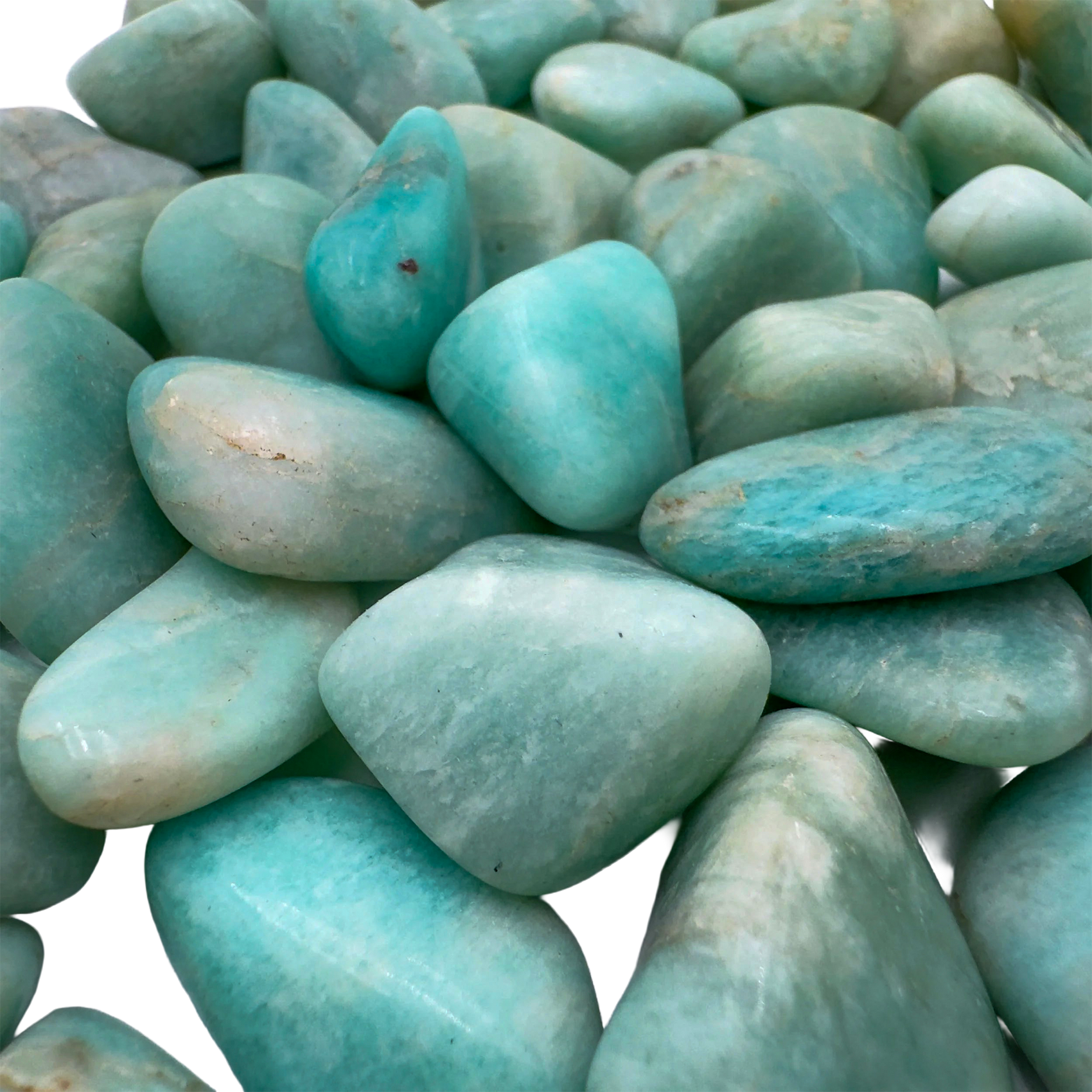 Back view of Amazonite tumbled stone, AA Grade, from Minas Gerais, Brazil. A piece many associate with calm and emotional steadiness.