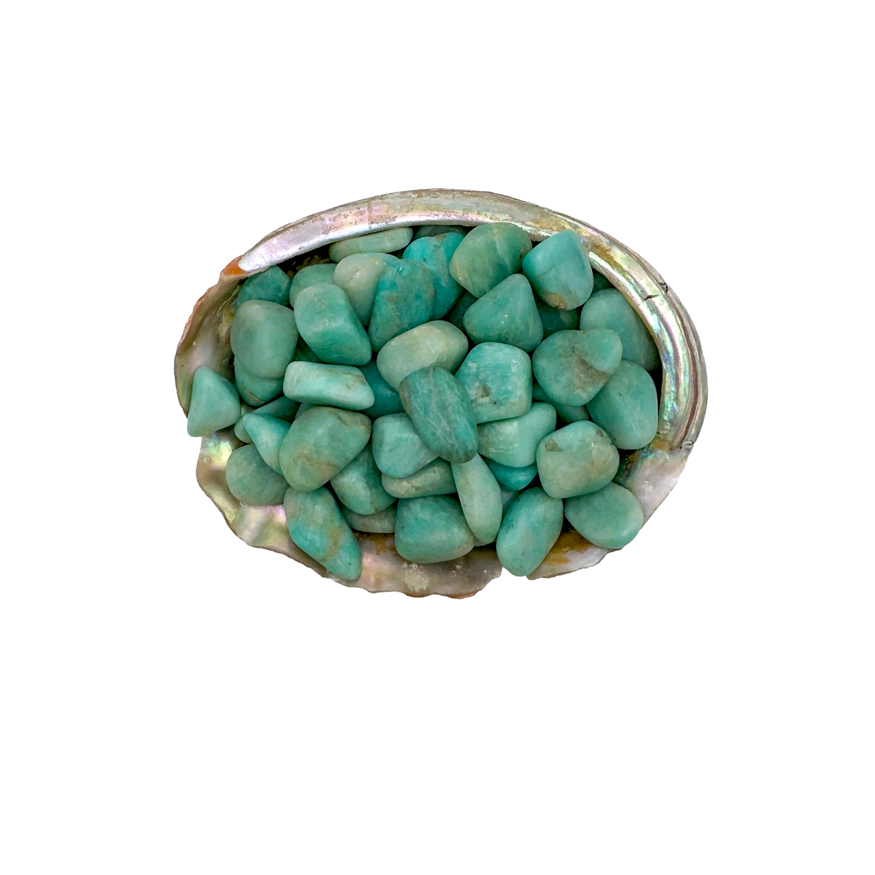 Close detail of Amazonite tumbled stone, AA Grade, from Minas Gerais, Brazil. A piece often carried for stress relief.
