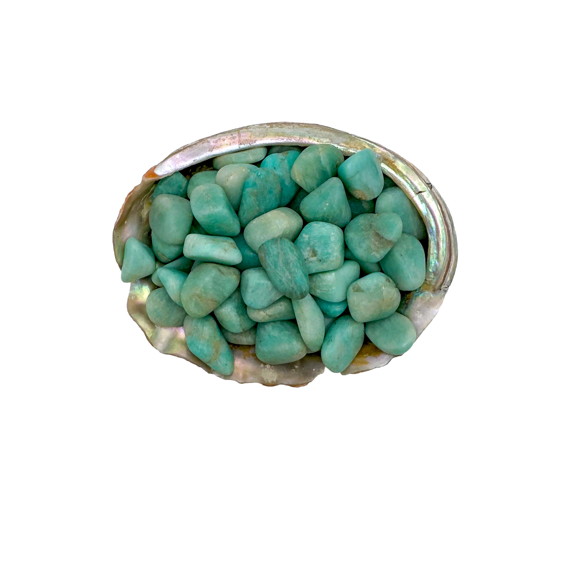 Close detail of Amazonite tumbled stone, AA Grade, from Minas Gerais, Brazil. A piece often carried for stress relief.