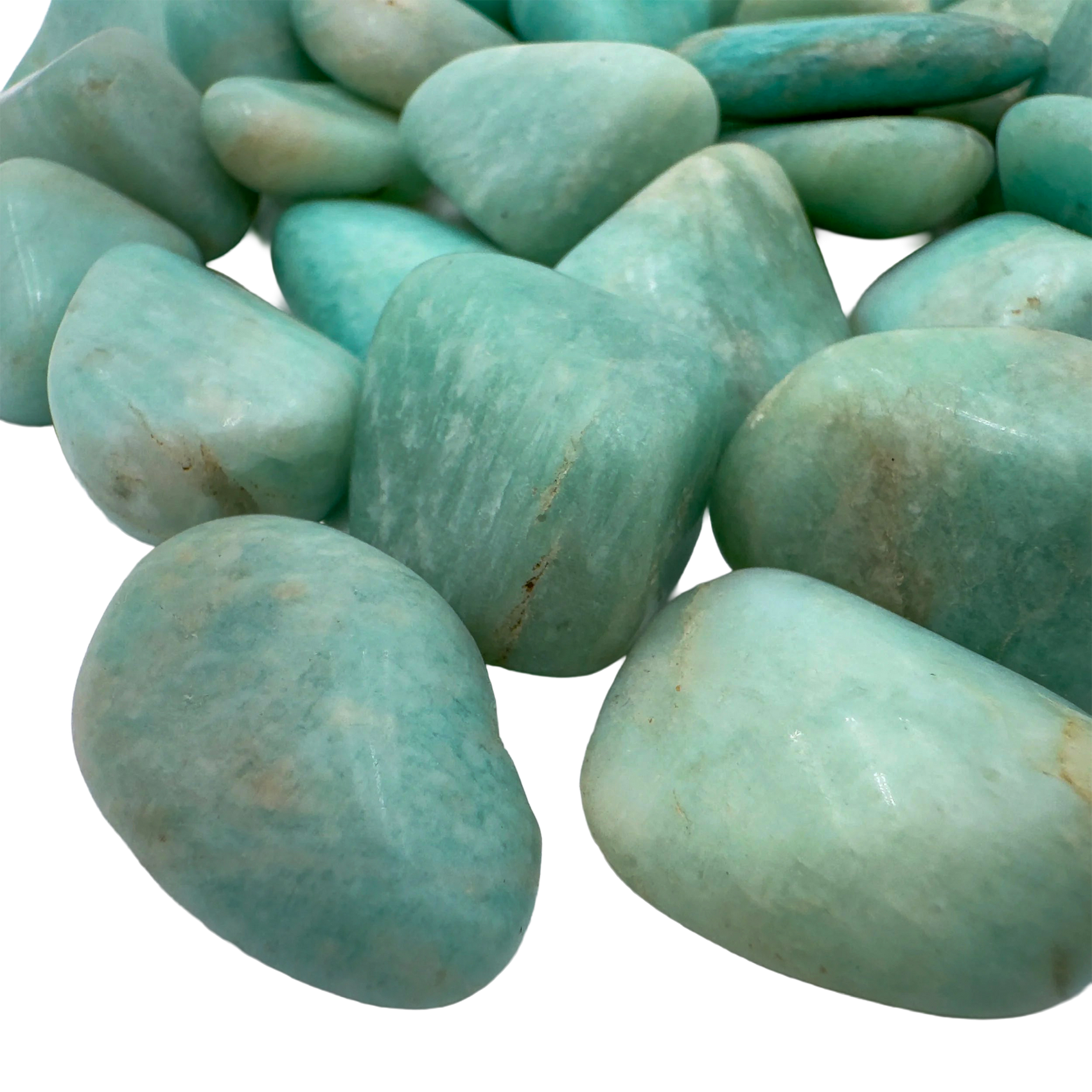 Side angle of Amazonite tumbled stone, AA Grade, from Minas Gerais, Brazil. Often carried for stress relief and steady communication.