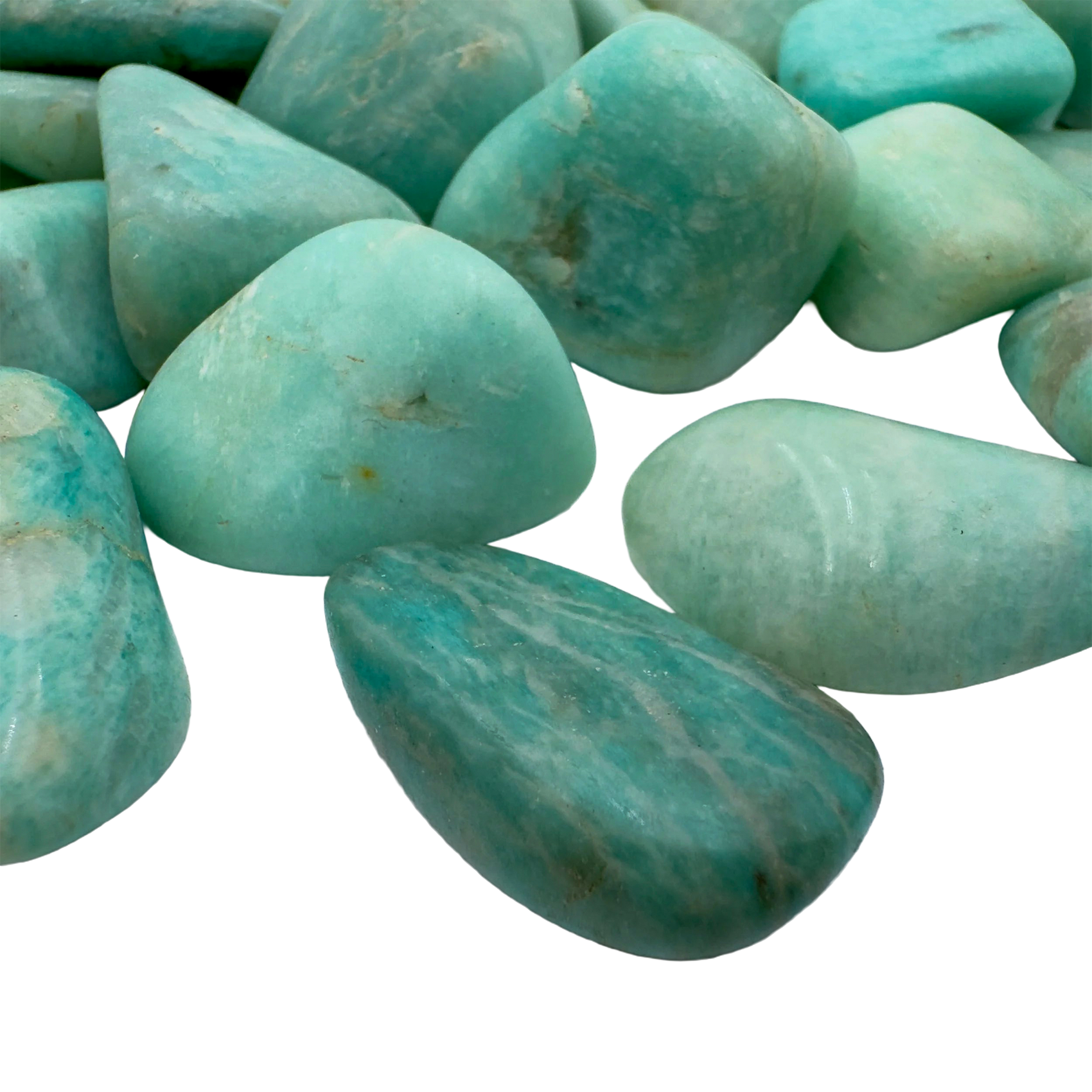 Top-down view of Amazonite tumbled stone, AA Grade, from Minas Gerais, Brazil, showing color depth.