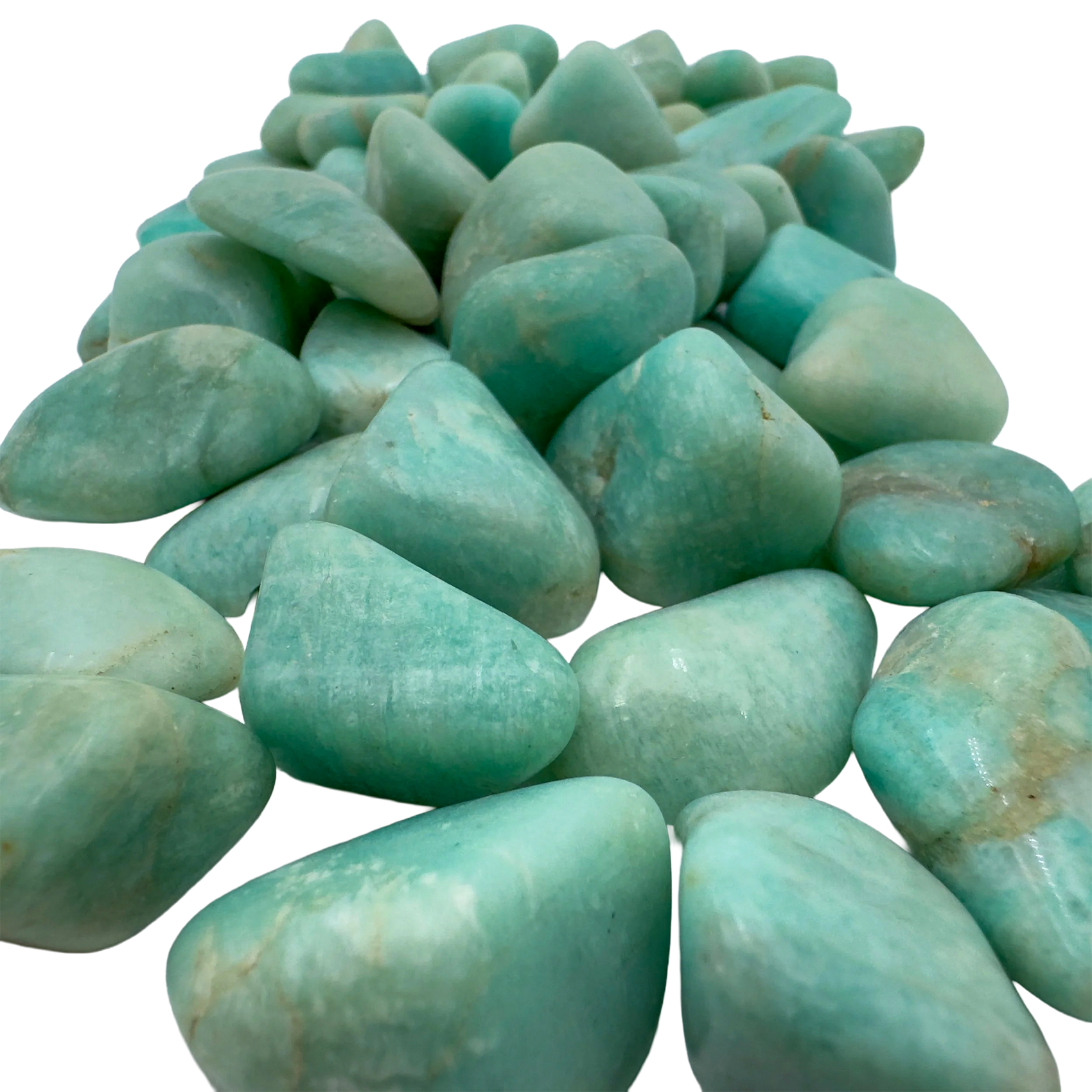 Additional angle of Amazonite tumbled stone, AA Grade, sourced from Minas Gerais, Brazil. Traditionally used for stress relief.