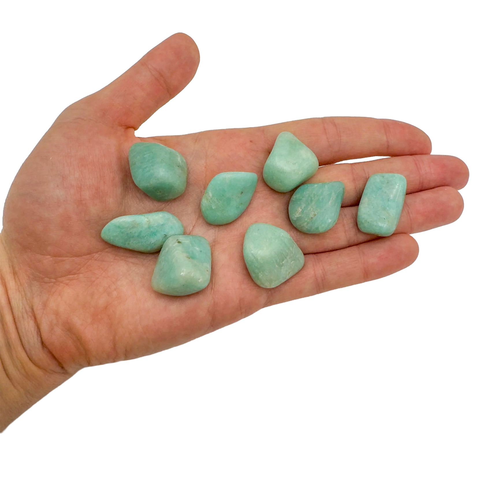 Additional view of Amazonite tumbled stone, AA Grade, sourced from Minas Gerais, Brazil. A piece linked to calm and communication.